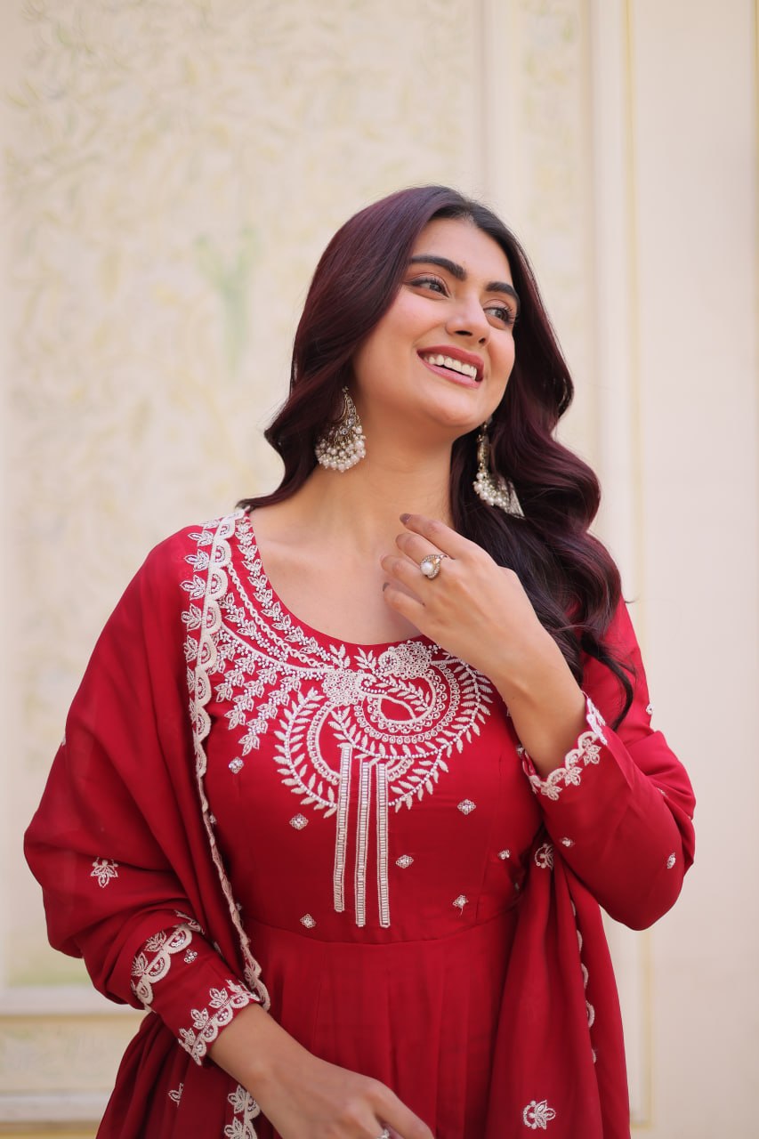 Red Embroidered Anarkali Kurti Set for Women | Designer Ethnic Festive & Party Wear Suit
