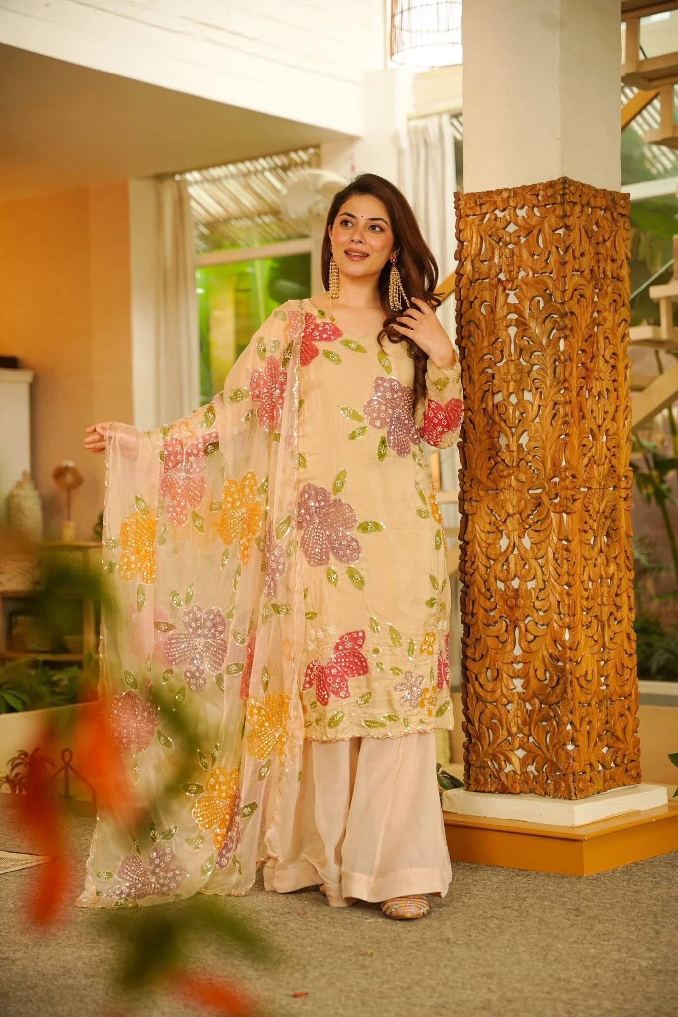 Beige Floral Embroidered Kurti Sharara Set with Dupatta for Women | Designer Festive & Party Wear Ethnic Outfit