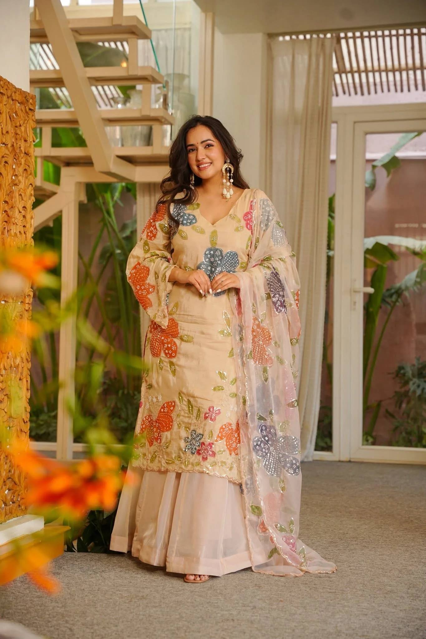 Beige Floral Embroidered Kurti Sharara Set with Dupatta for Women | Designer Festive & Party Wear Ethnic Outfit