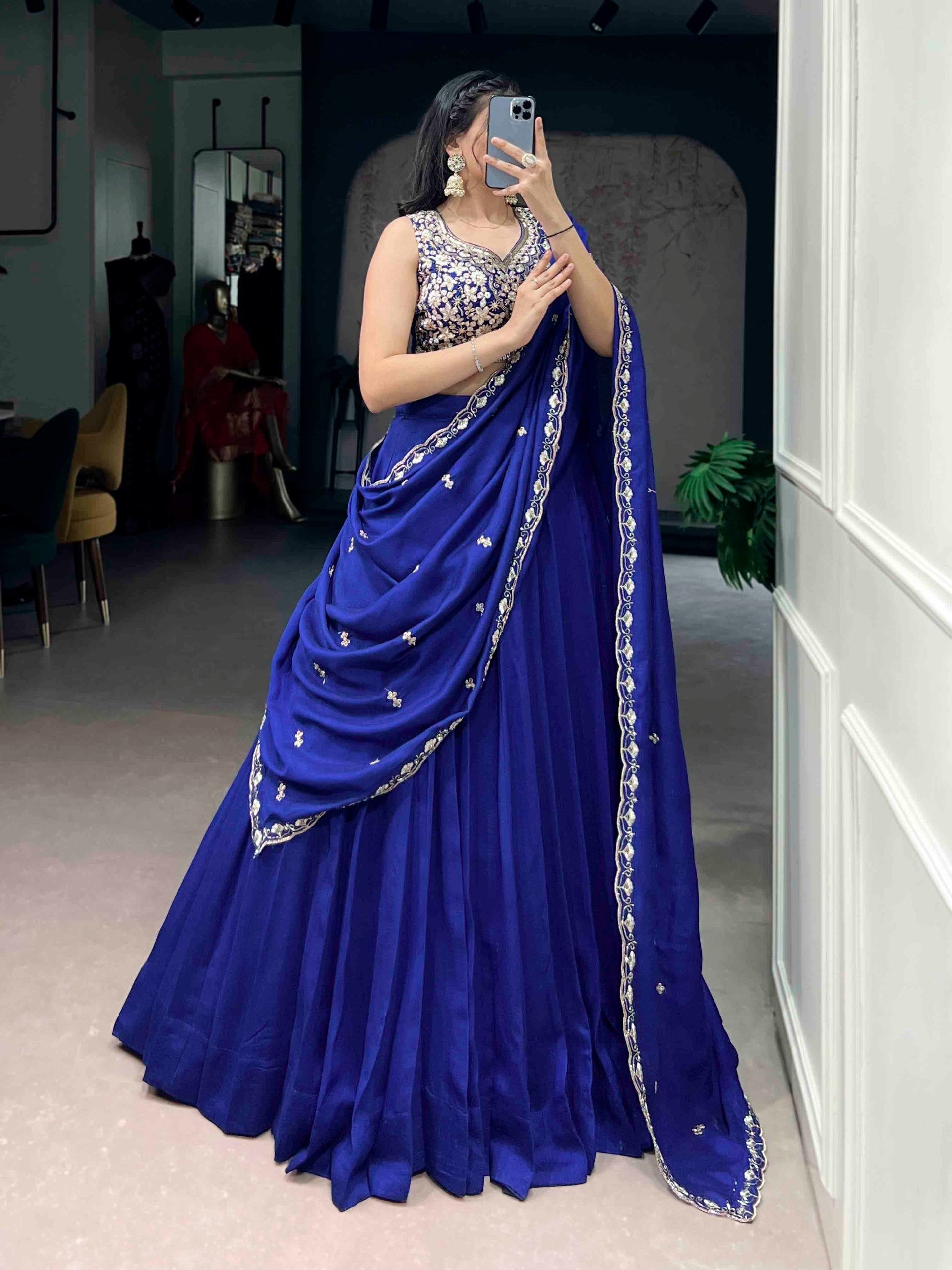 Royal Blue Lehenga Saree with Designer Embroidered Blouse