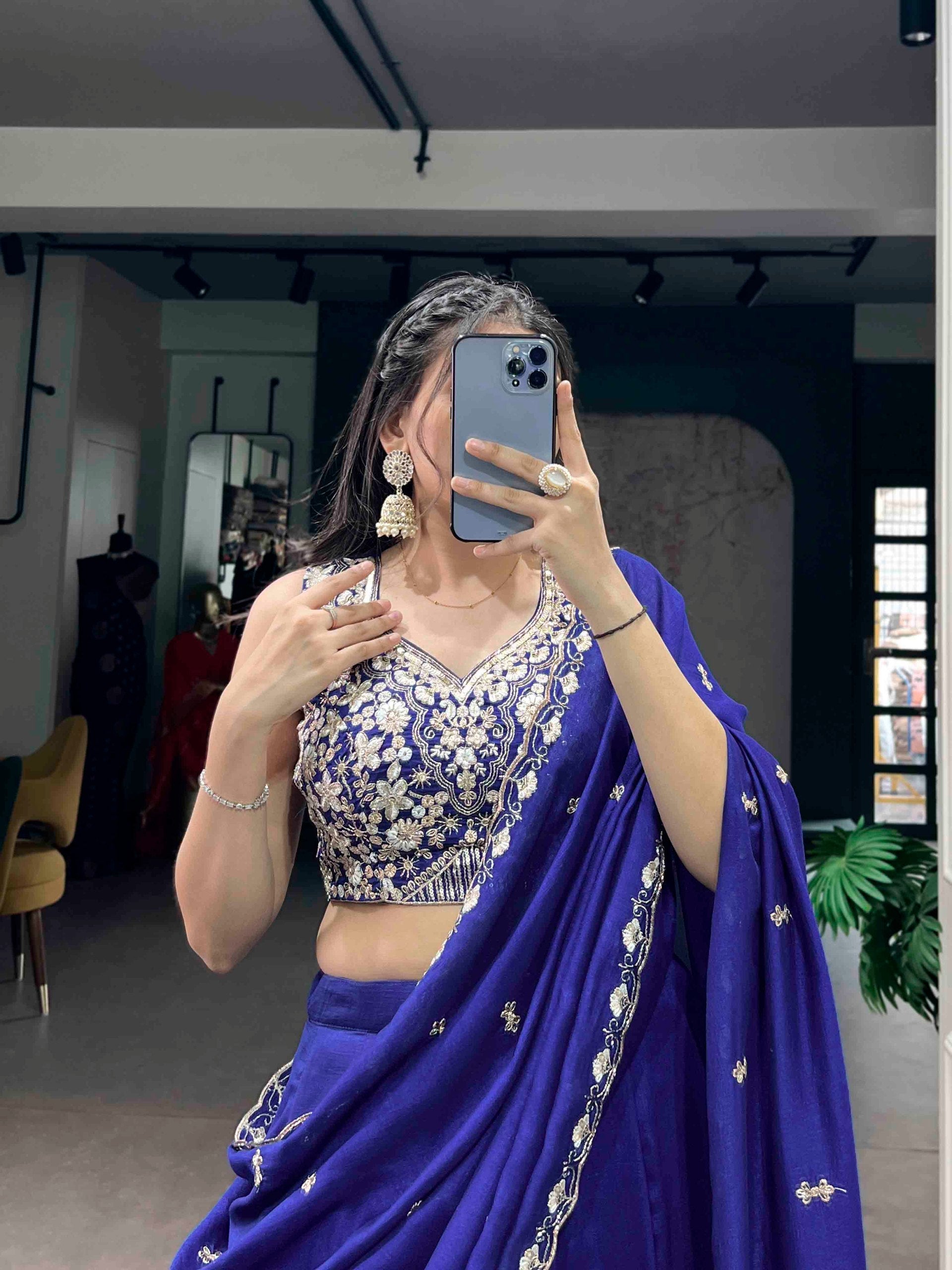 Royal Blue Lehenga Saree with Designer Embroidered Blouse