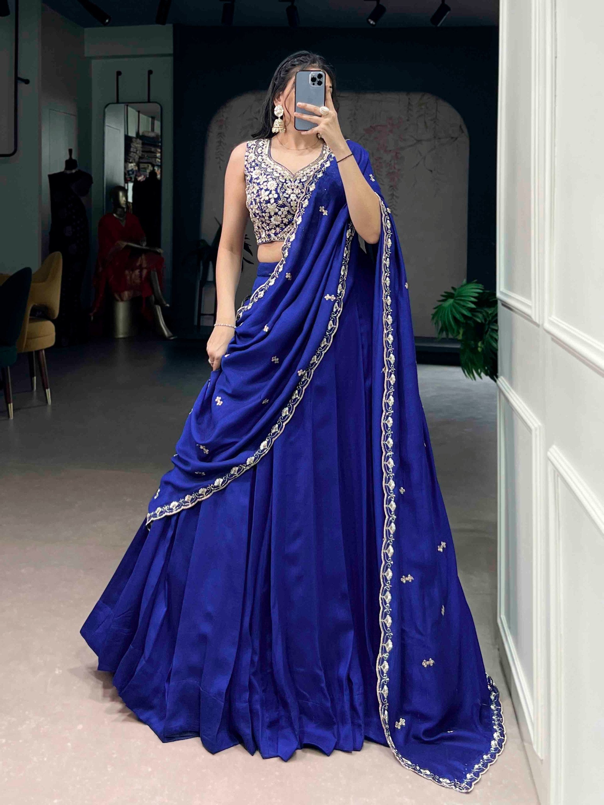 Royal Blue Lehenga Saree with Designer Embroidered Blouse
