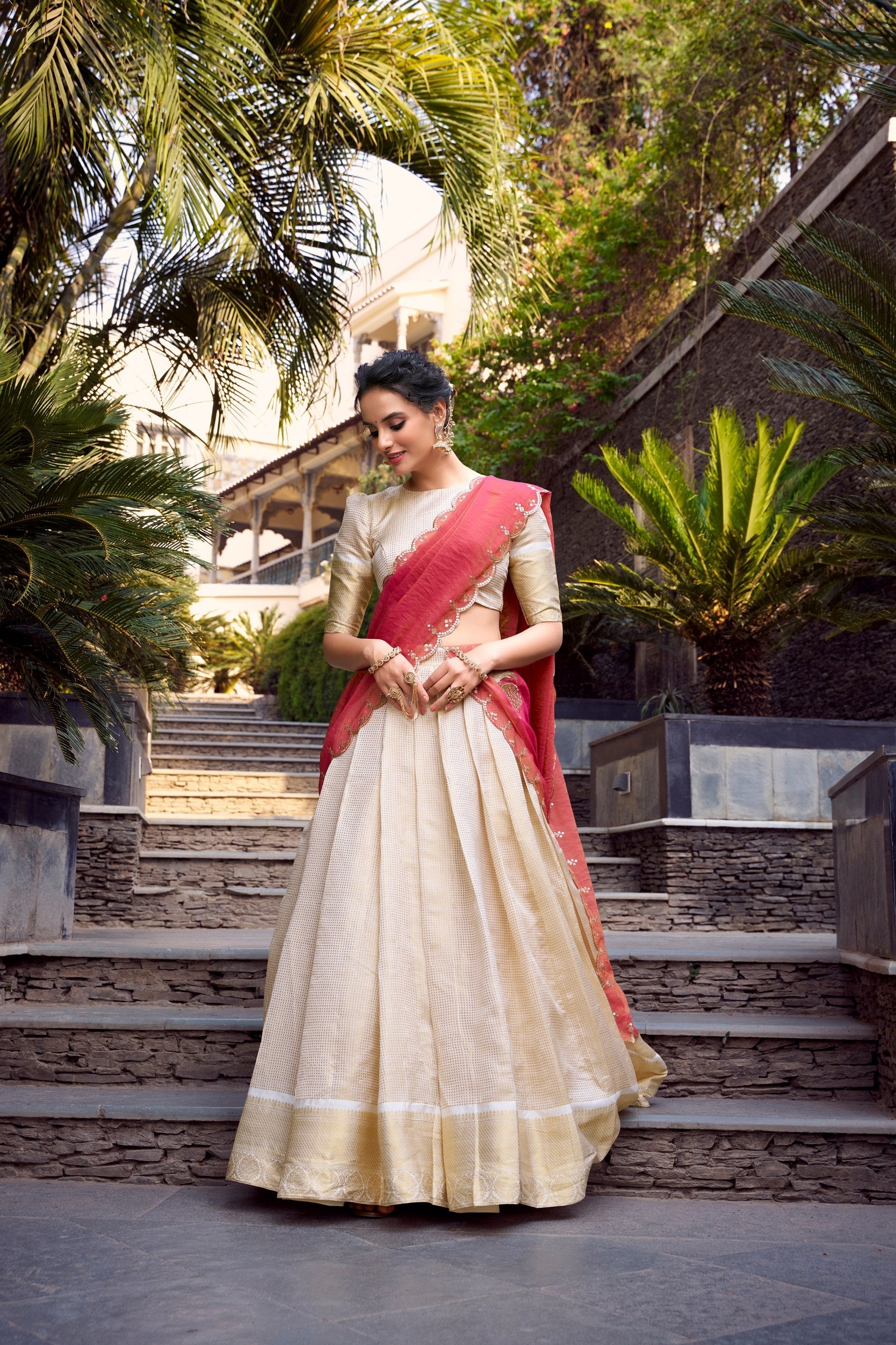 Elegant Cream Golden Lehenga Choli with Red Dupatta – Wedding Wear