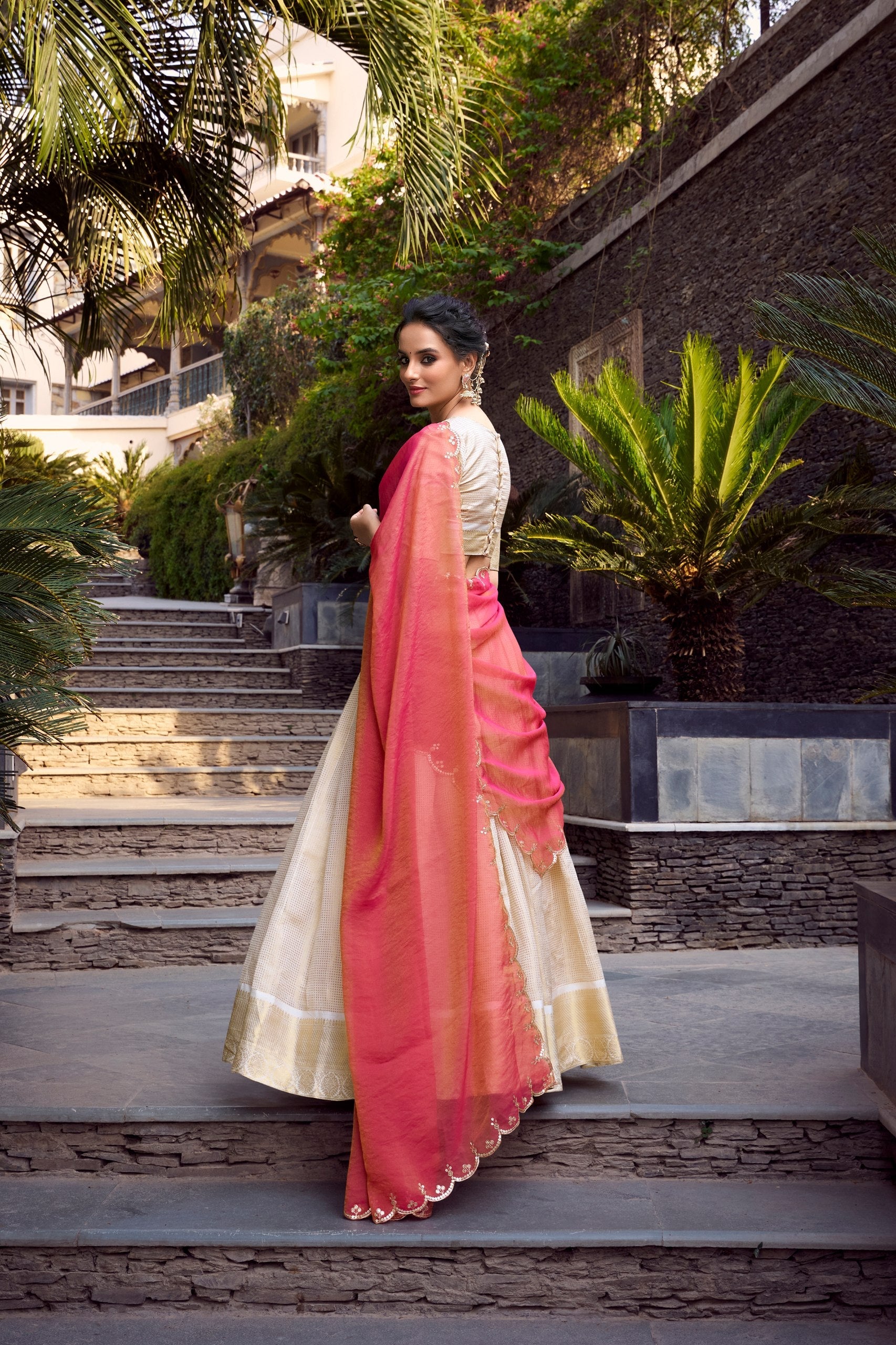 Elegant Cream Golden Lehenga Choli with Red Dupatta – Wedding Wear