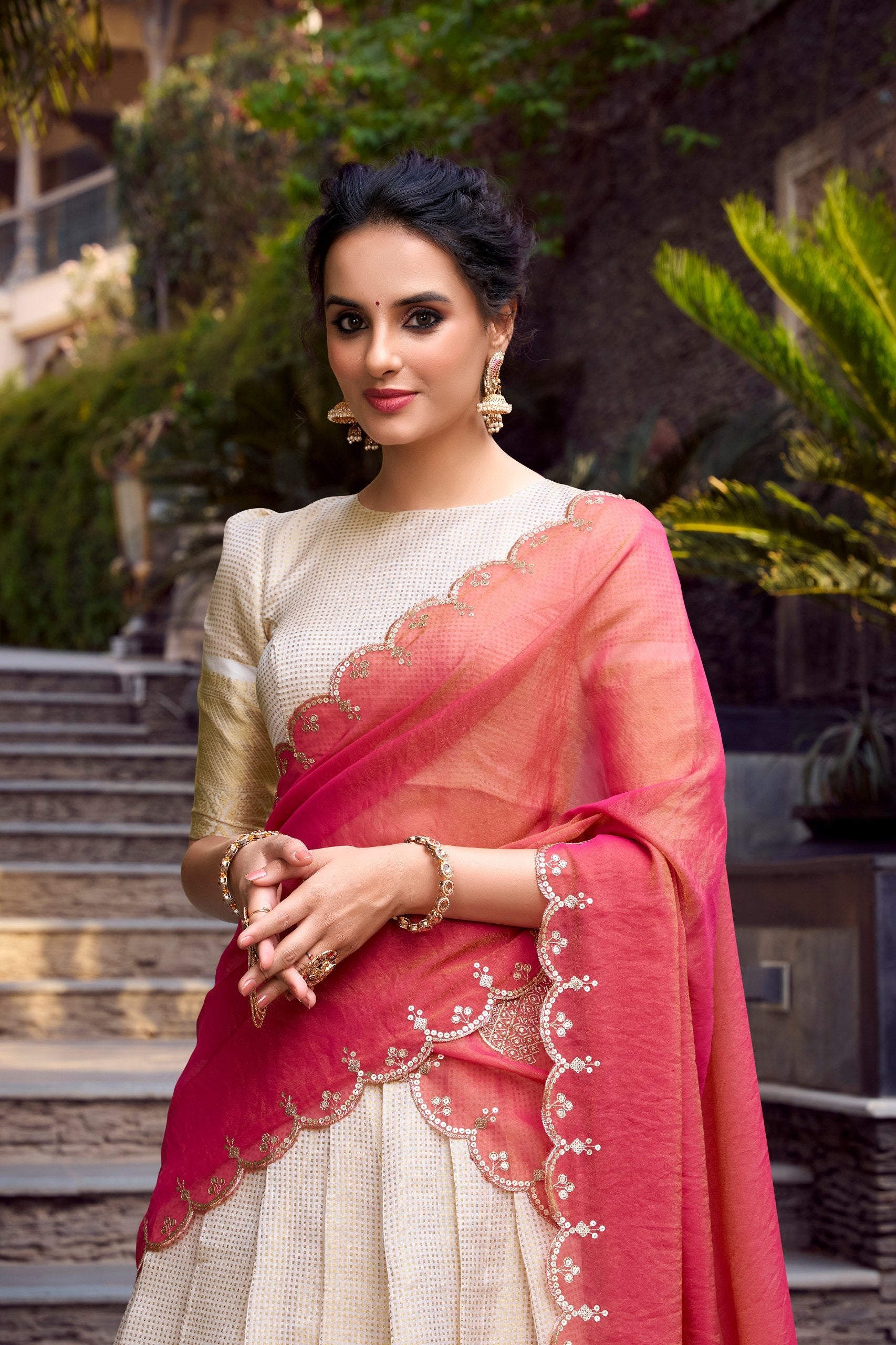 Elegant Cream Golden Lehenga Choli with Red Dupatta – Wedding Wear
