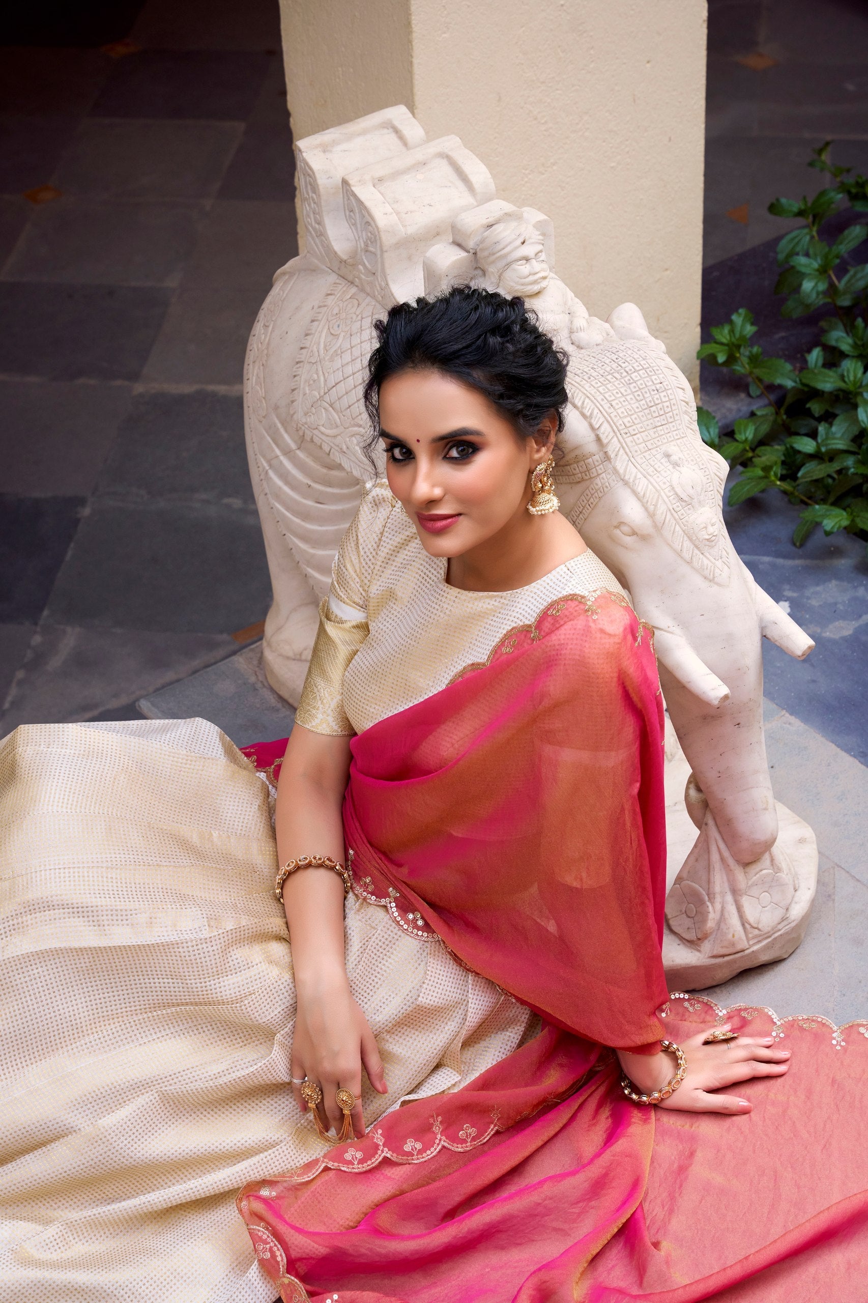 Elegant Cream Golden Lehenga Choli with Red Dupatta – Wedding Wear