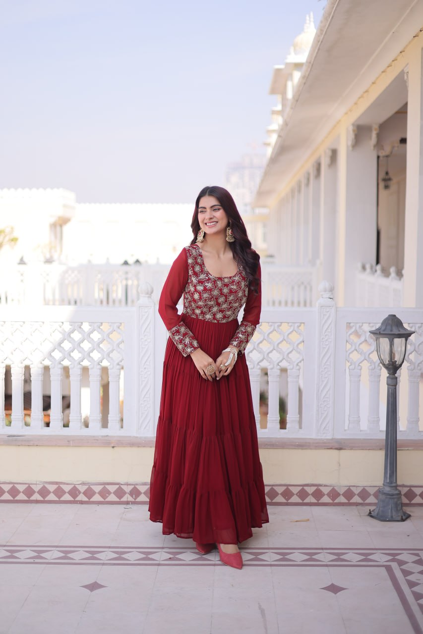 Women’s Designer Anarkali Gown | Embroidered Party Wear Ethnic Dress with Long Sleeves | Festive & Wedding Wear