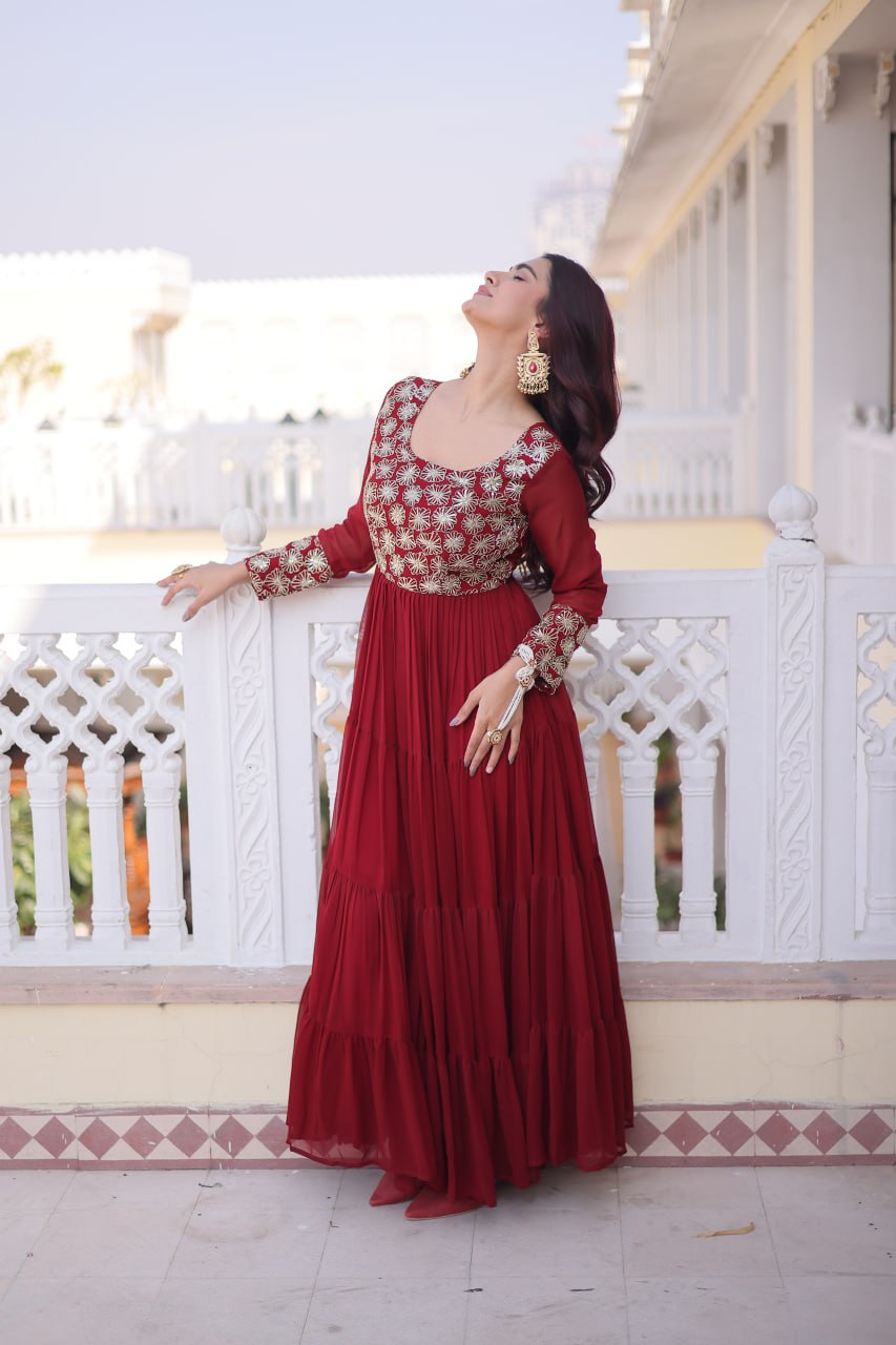 Women’s Designer Anarkali Gown | Embroidered Party Wear Ethnic Dress with Long Sleeves | Festive & Wedding Wear
