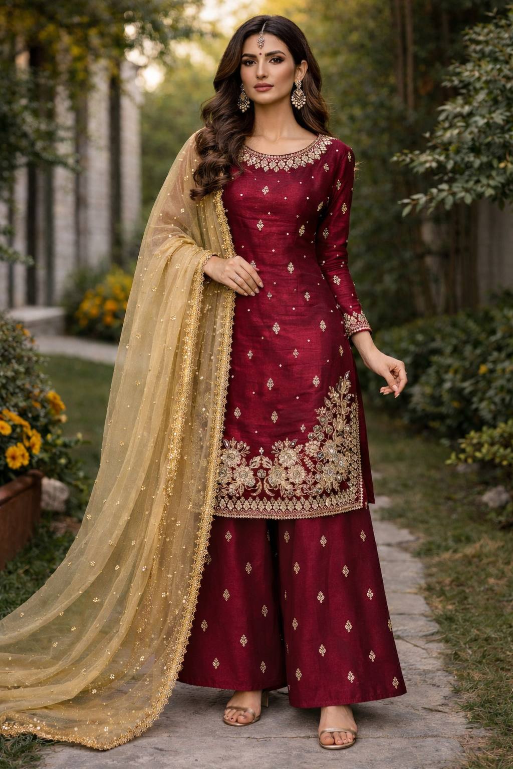 ĐĚSIGNER PARTY WEAR TOP AND PLAZZO. WITH FANCY DUPPATA AND EMBROIDERY WORK