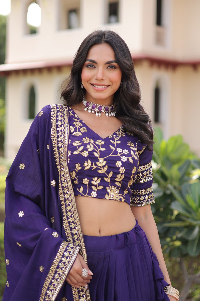 Navy Blue Vichitra Embroidery Work Lehenga Choli
