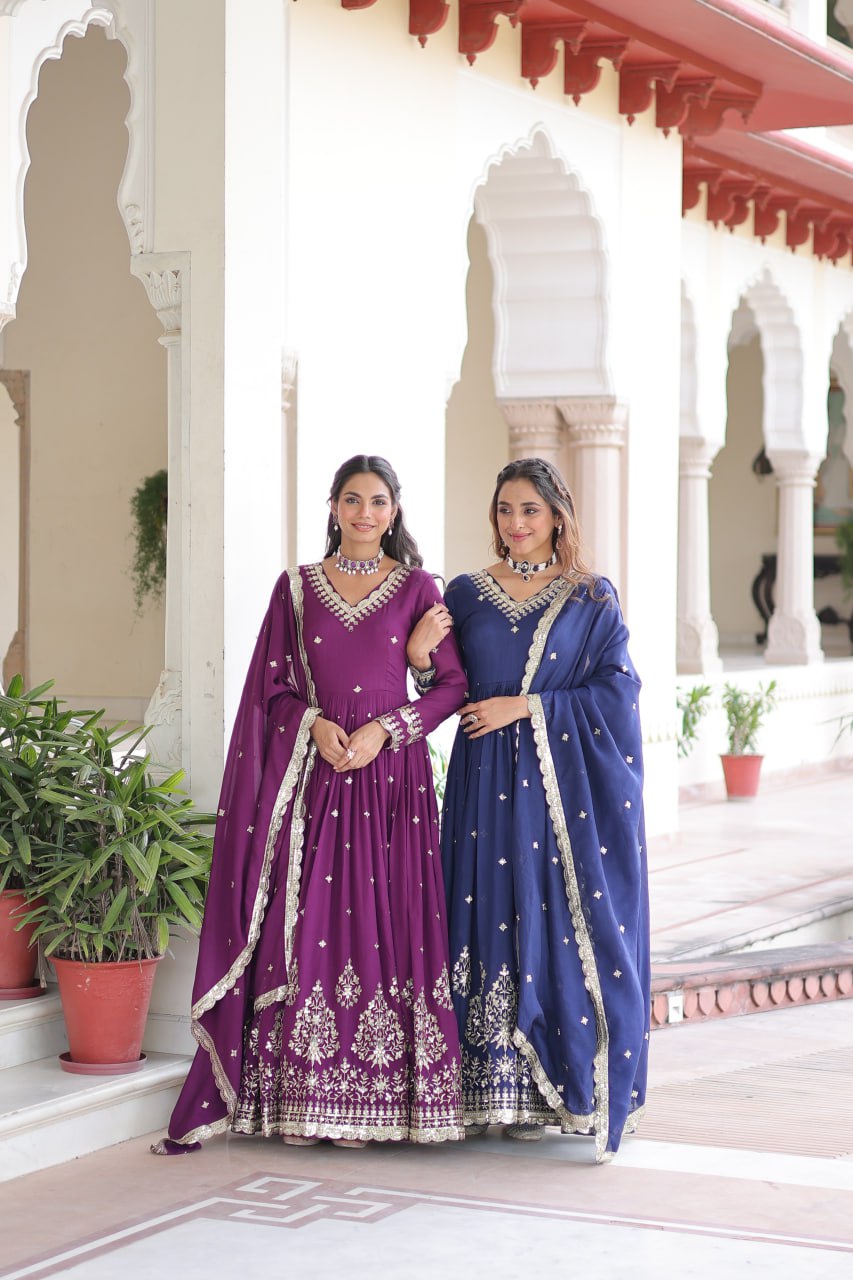 Majestic Wine Purple Embroidered Georgette Anarkali Suit with Dupatta