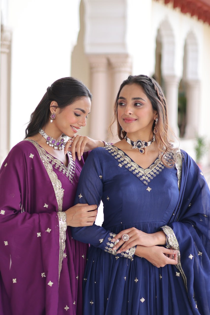 Majestic Wine Purple Embroidered Georgette Anarkali Suit with Dupatta