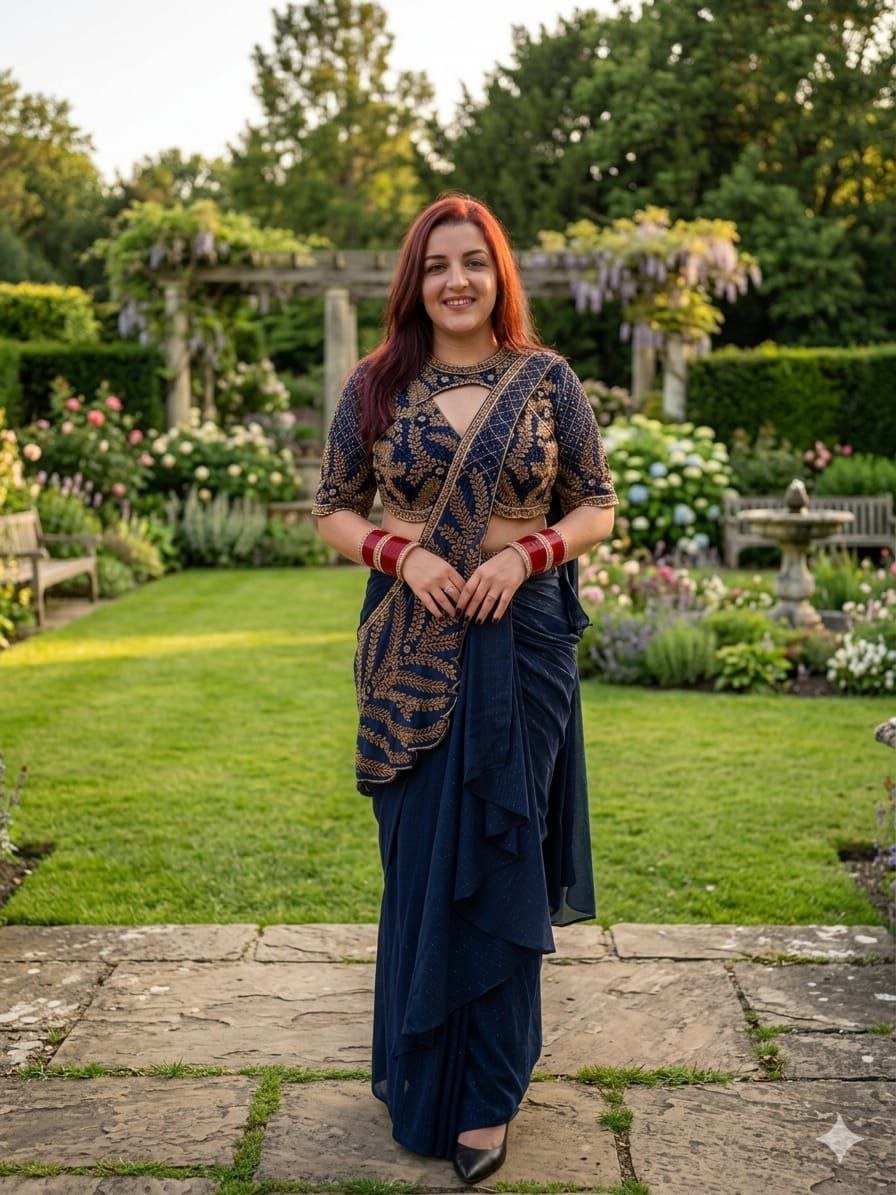 Royal Navy Blue Saree with Intricate Embroidery & Modern Drape Style
