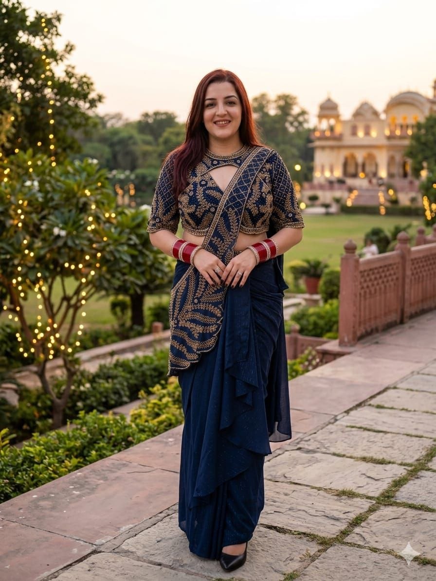 Royal Navy Blue Saree with Intricate Embroidery & Modern Drape Style