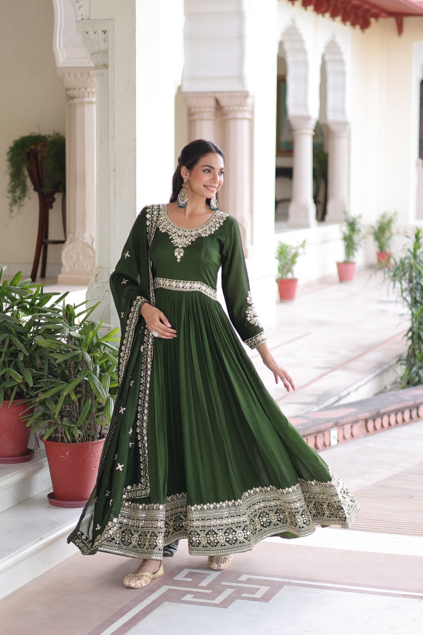 Sivi Green Vichitra Silk Sequins Zari Embroidered Work Gown With Dupatta