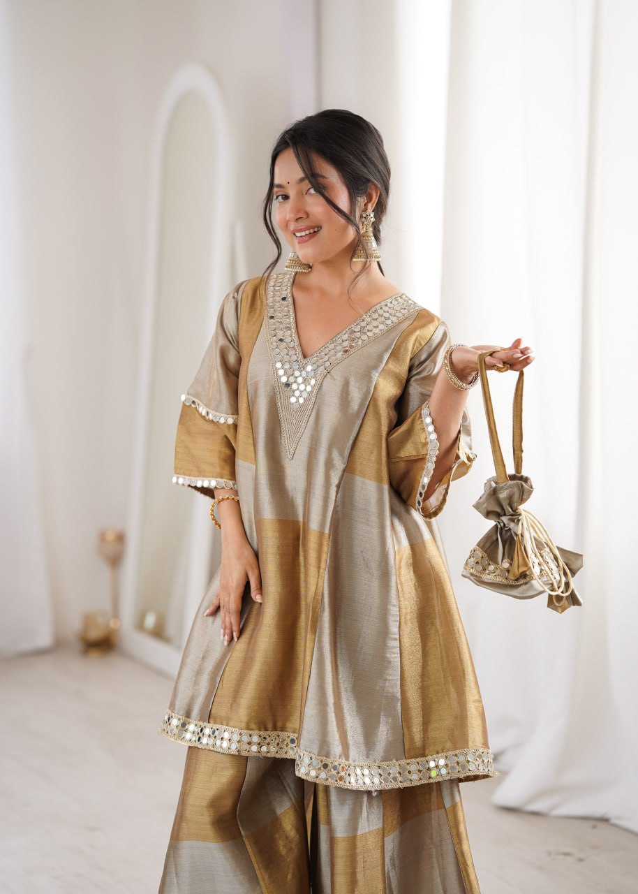 Golden Designer Kurta Palazzo Set for Women | Festive & Party Wear Ethnic Outfit with Mirror Work