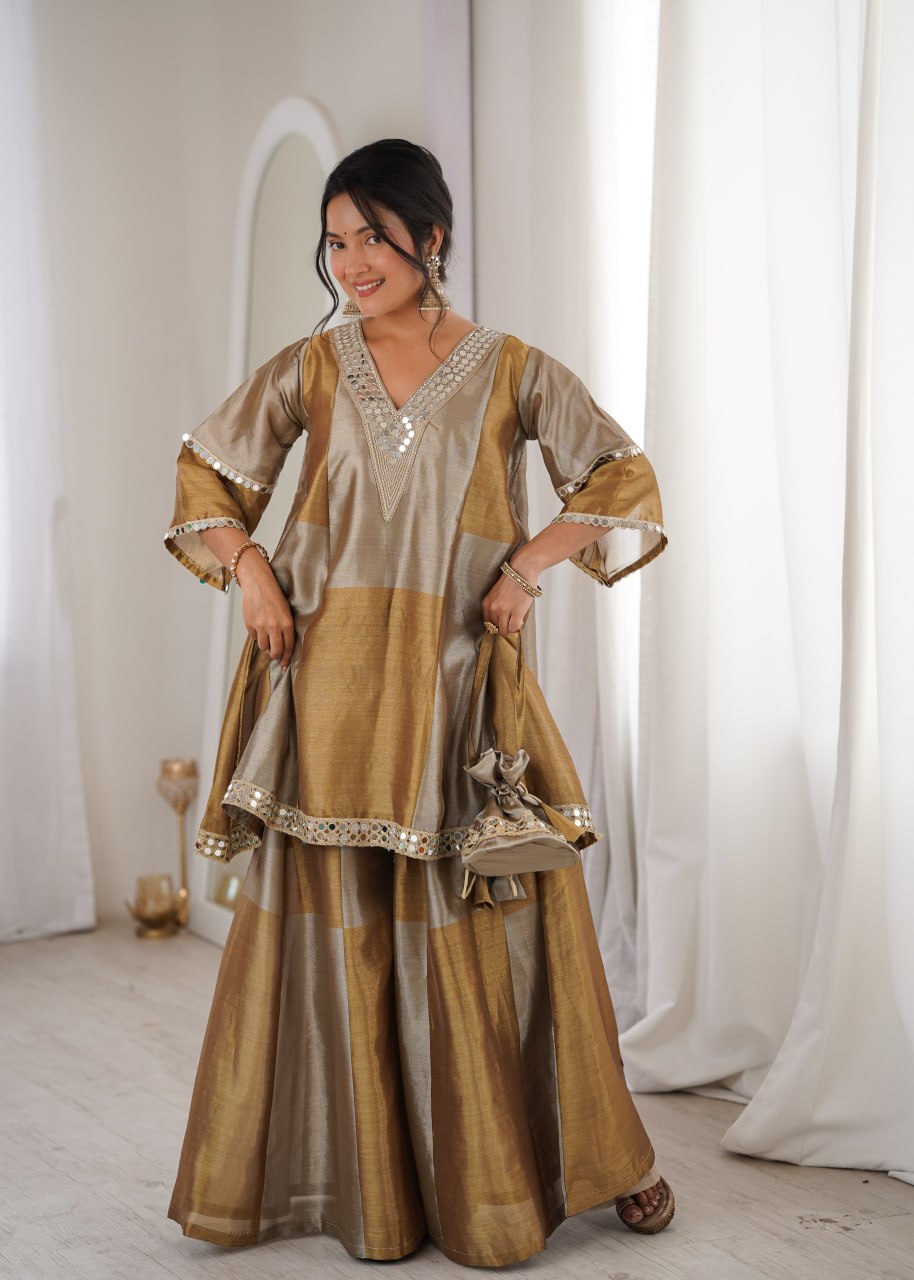 Golden Designer Kurta Palazzo Set for Women | Festive & Party Wear Ethnic Outfit with Mirror Work