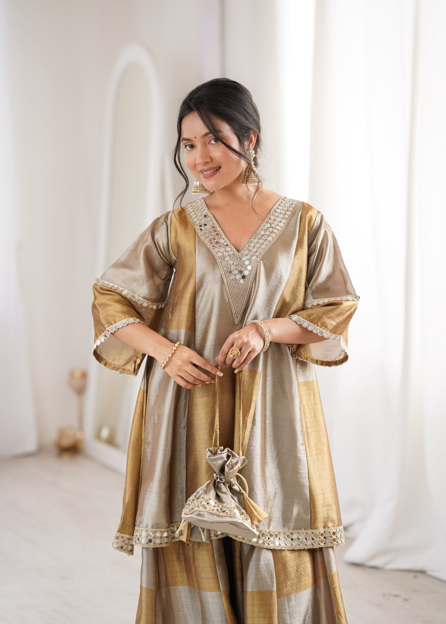 Golden Designer Kurta Palazzo Set for Women | Festive & Party Wear Ethnic Outfit with Mirror Work