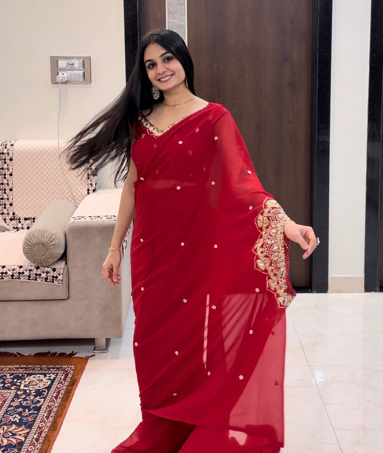 Elegant Kaftan Style Ready-to-Wear Saree with Heavy Embroidered Neck – Premium Party Wear