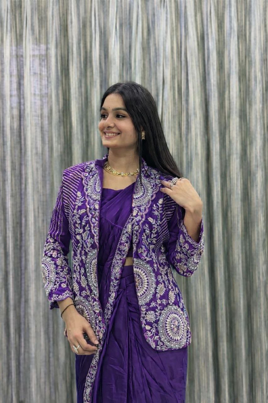 Premium Ready-To-Wear Saree with Embroidered Jacket – Trendy Collection