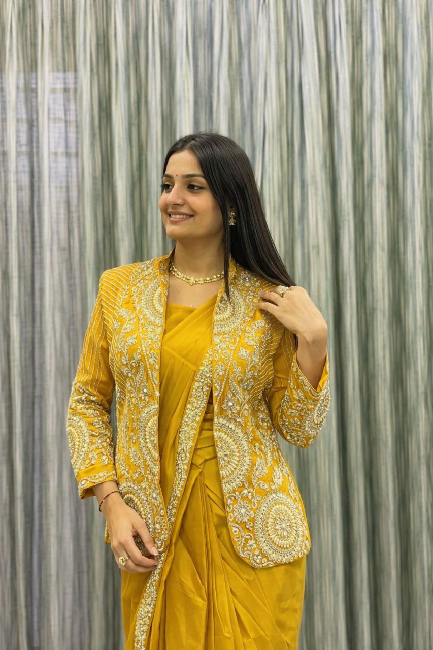 Premium Ready-To-Wear Saree with Embroidered Jacket – Trendy Collection