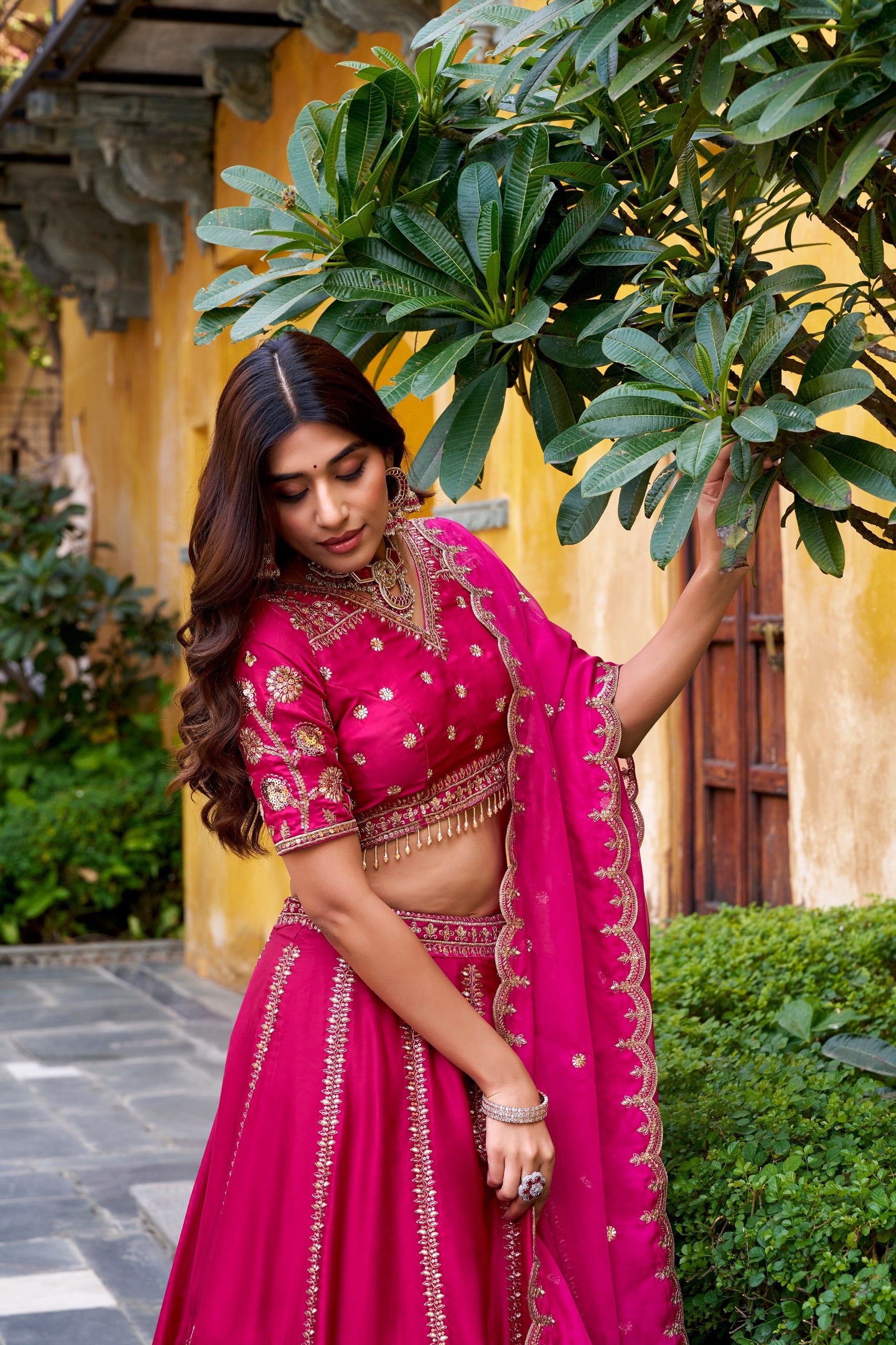 Luxury Natural Silk Pink Designer Sequins With Thread Embroidery Lehenga Set