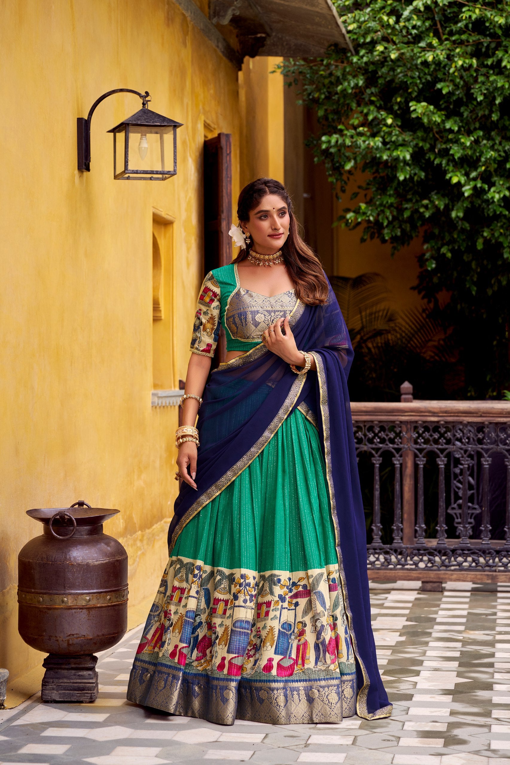 Chanderi Lehenga Choli With Kalamkari Print & Zari Weaving Work