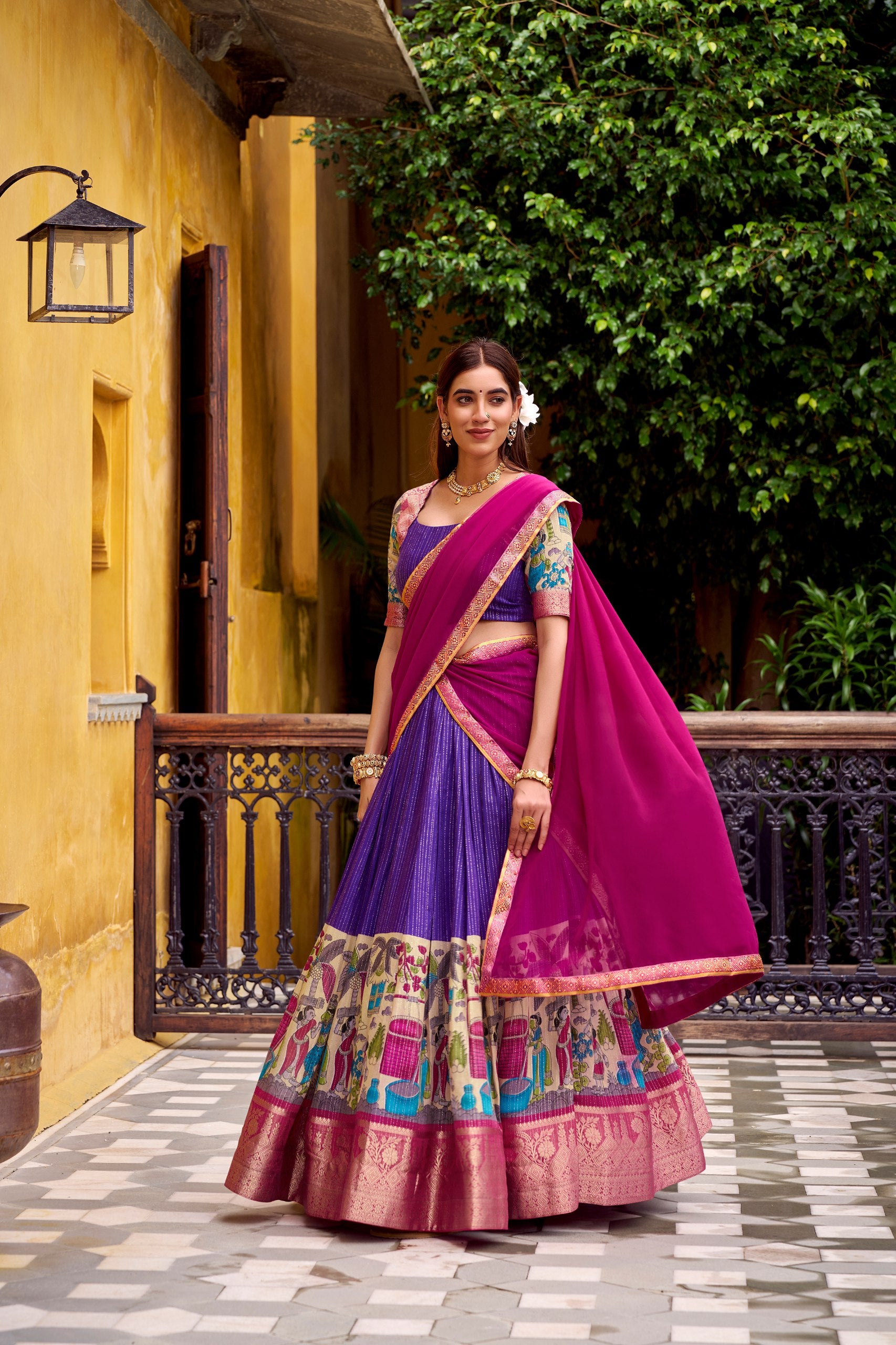 Chanderi Lehenga Choli With Kalamkari Print & Zari Weaving Work