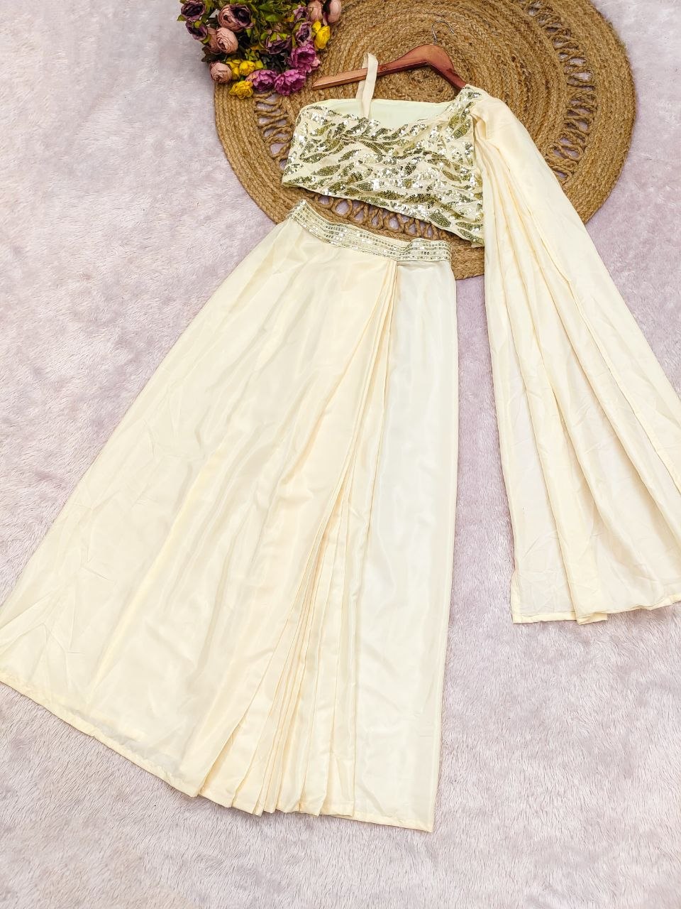 Elegant Cream Drape Saree with Heavy Embroidered Blouse | Ready-to-Wear Party & Wedding Wear