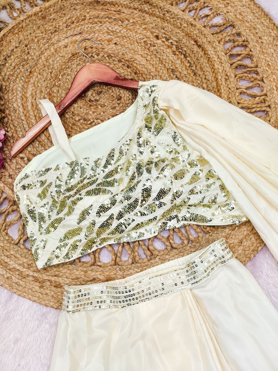 Elegant Cream Drape Saree with Heavy Embroidered Blouse | Ready-to-Wear Party & Wedding Wear
