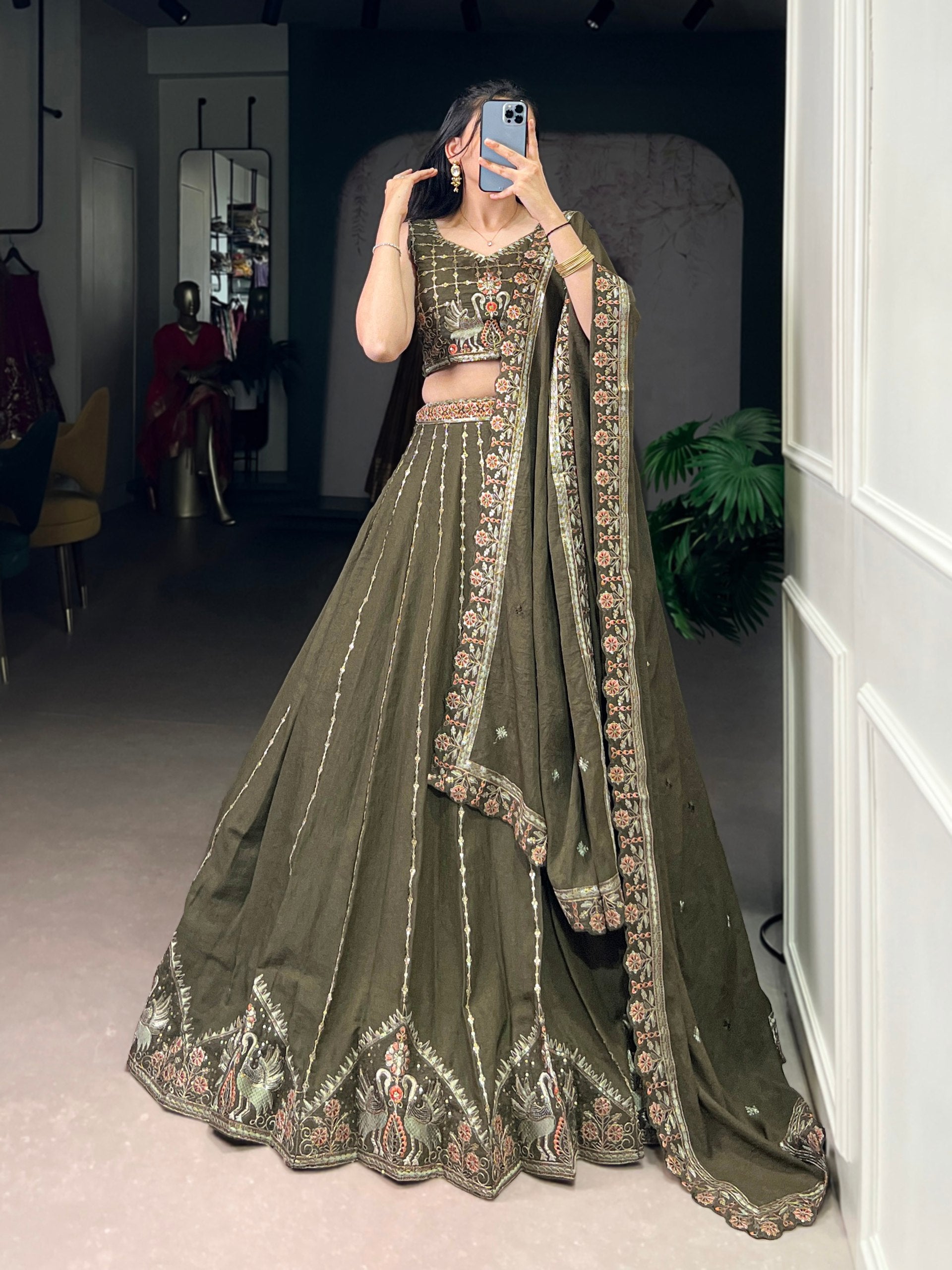 CHOCOLATE CRUSH SEQUENCE AND THREAD EMBROIDERY WORK LEHENGA CHOLI
