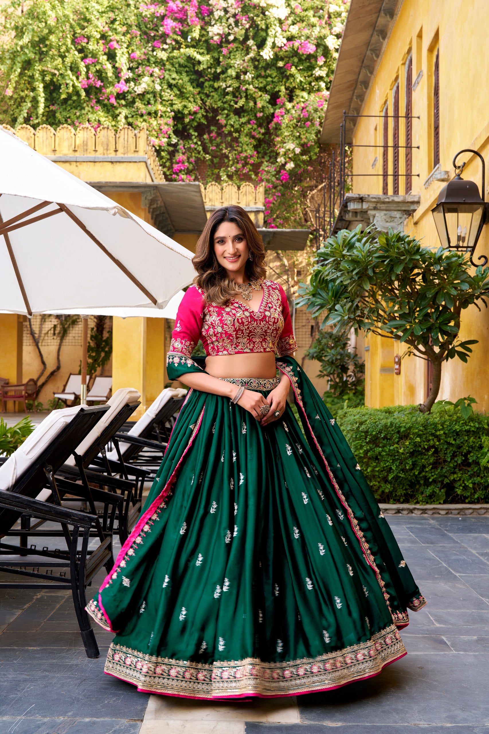 Green Silk Satin Sequins Work Lehenga Choli