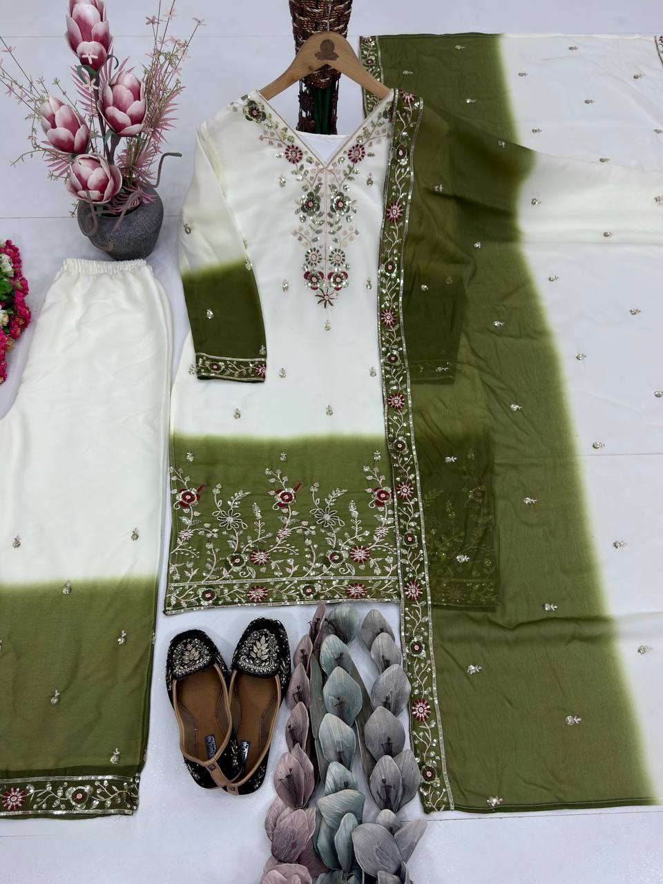 Elegant Ombre Embroidered Kurta Palazzo Set with Dupatta