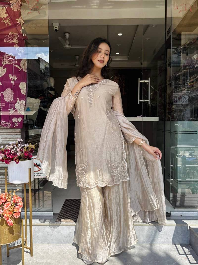 Premium Beige Ethnic Suit with Embroidery & Flowy Sharara
