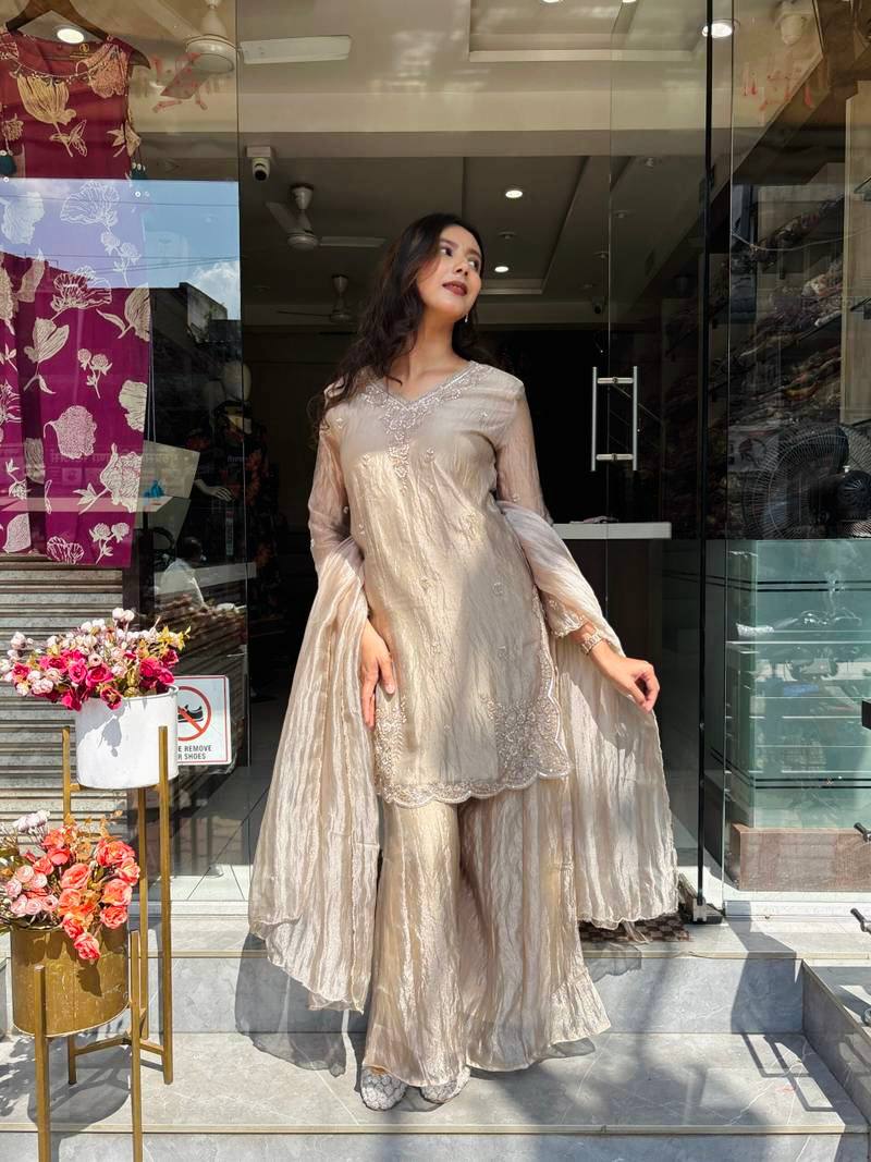 Premium Beige Ethnic Suit with Embroidery & Flowy Sharara