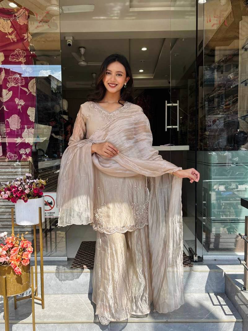 Premium Beige Ethnic Suit with Embroidery & Flowy Sharara