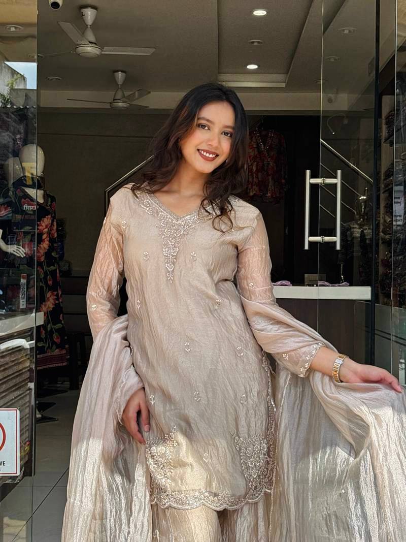 Premium Beige Ethnic Suit with Embroidery & Flowy Sharara