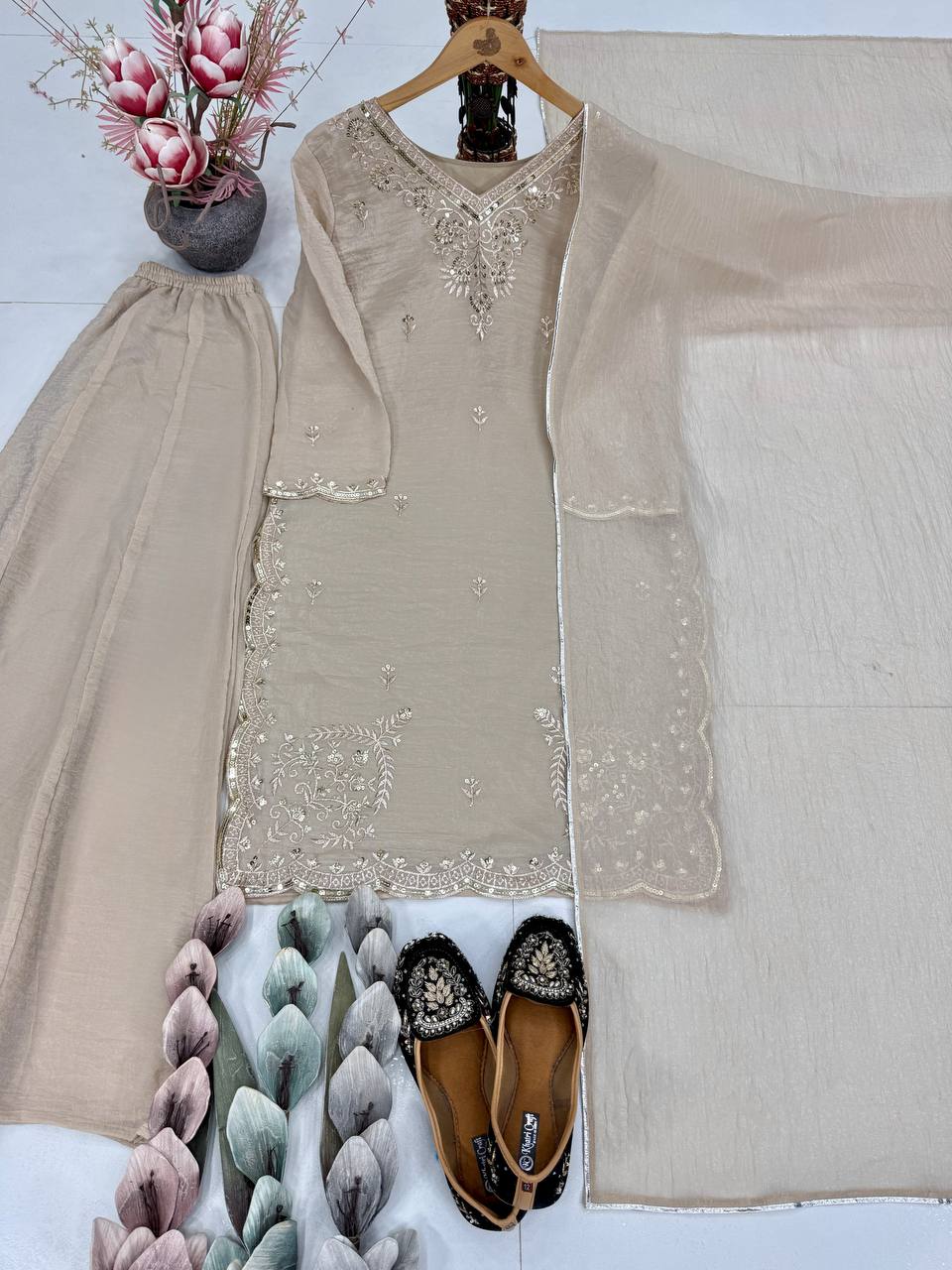 Premium Beige Ethnic Suit with Embroidery & Flowy Sharara