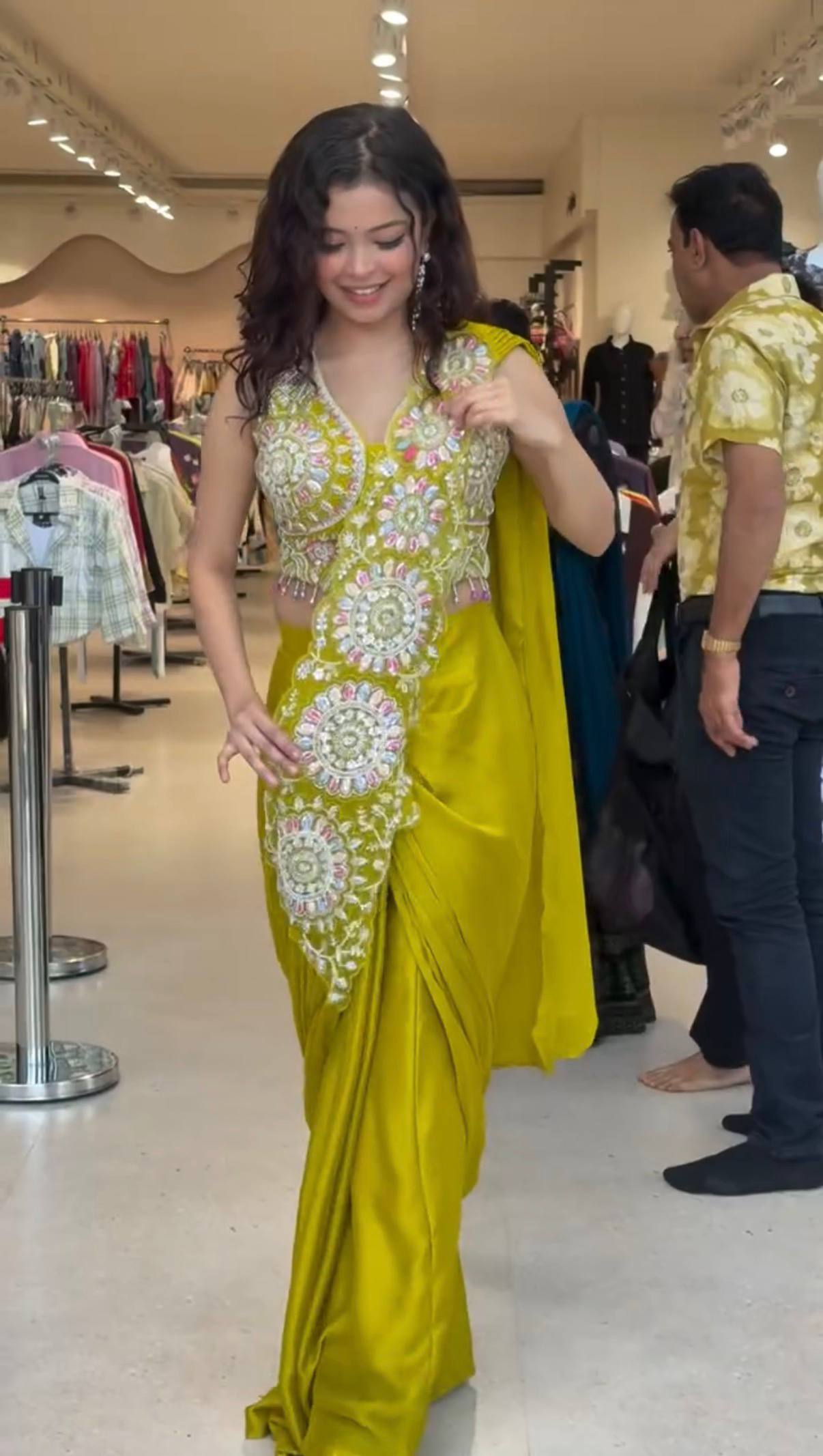 Trendy Lime Green Lehenga Saree with Heavy Embroidered Blouse