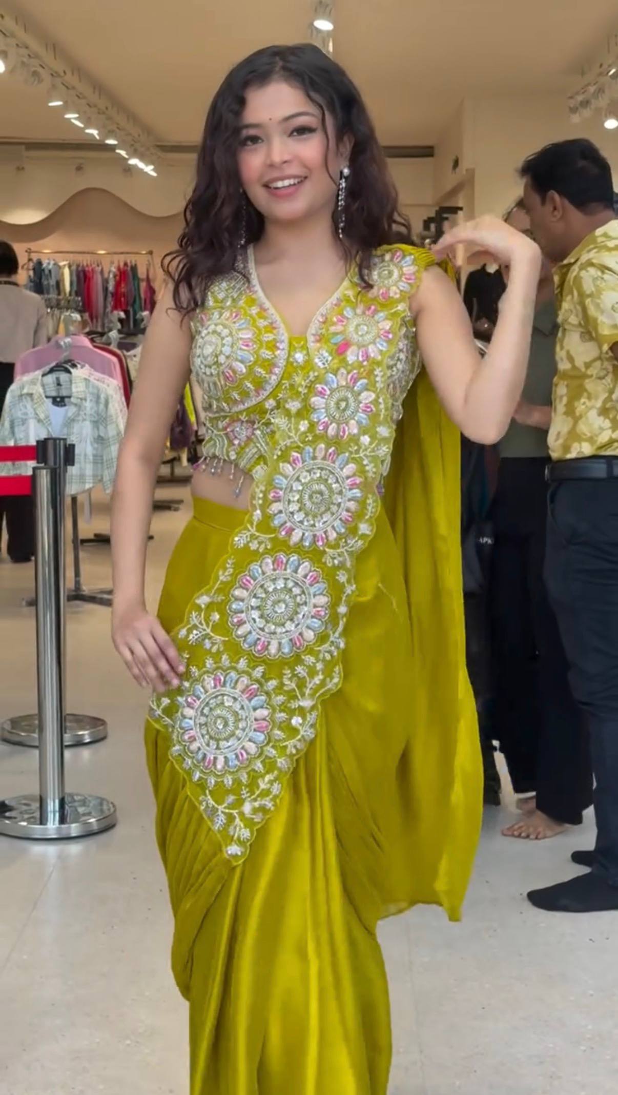 Trendy Lime Green Lehenga Saree with Heavy Embroidered Blouse
