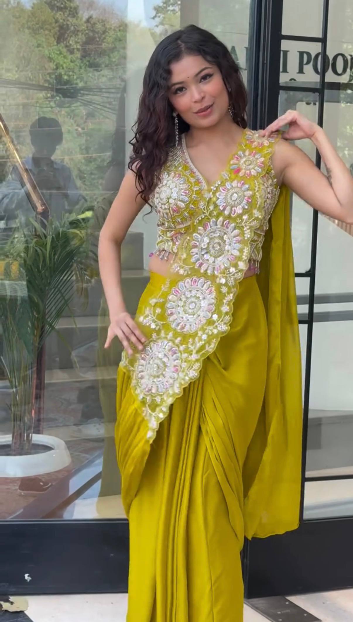 Trendy Lime Green Lehenga Saree with Heavy Embroidered Blouse