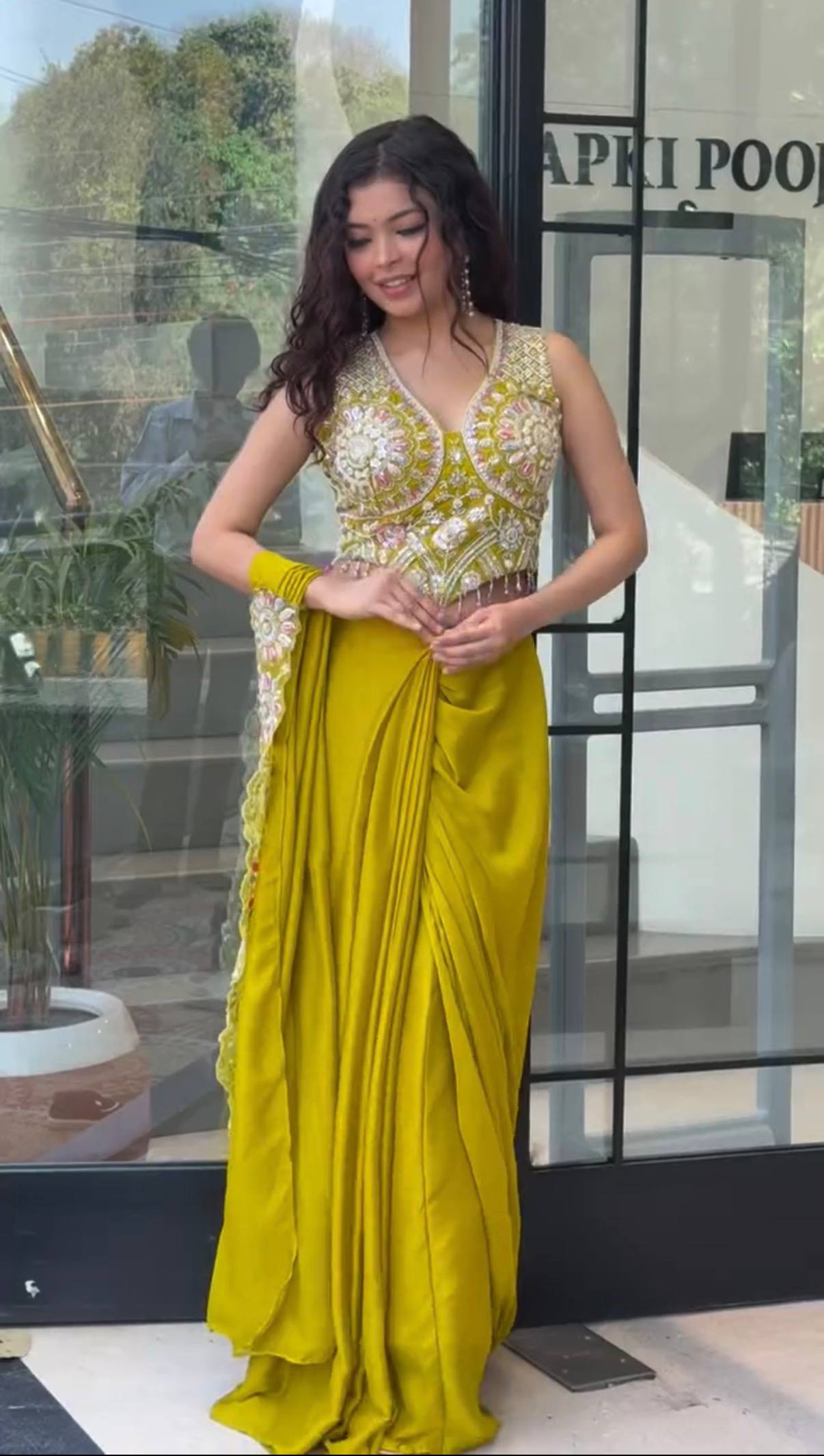 Trendy Lime Green Lehenga Saree with Heavy Embroidered Blouse