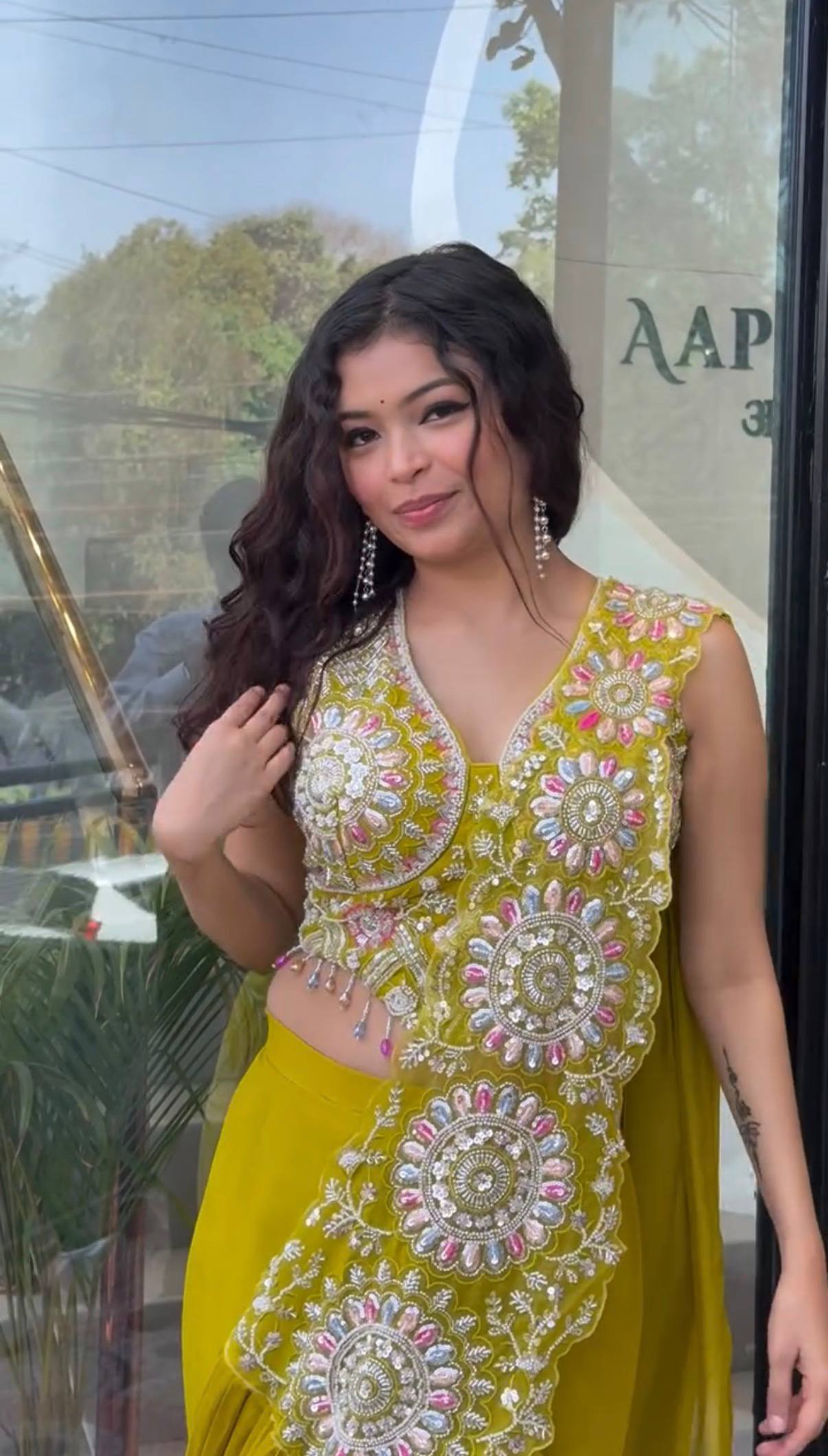 Trendy Lime Green Lehenga Saree with Heavy Embroidered Blouse
