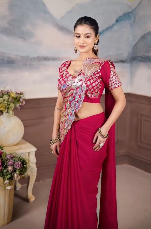 Designer Red Ready-To-Wear Saree with Mirror Embroidery Blouse