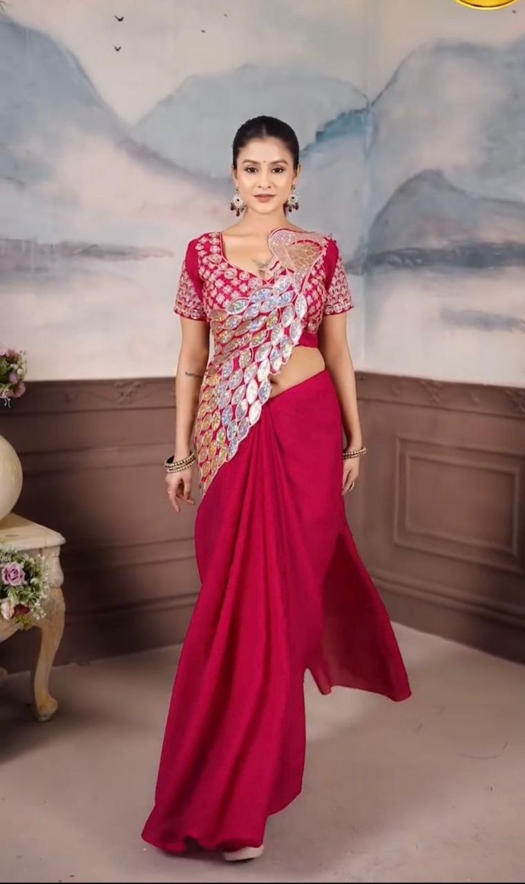 Designer Red Ready-To-Wear Saree with Mirror Embroidery Blouse