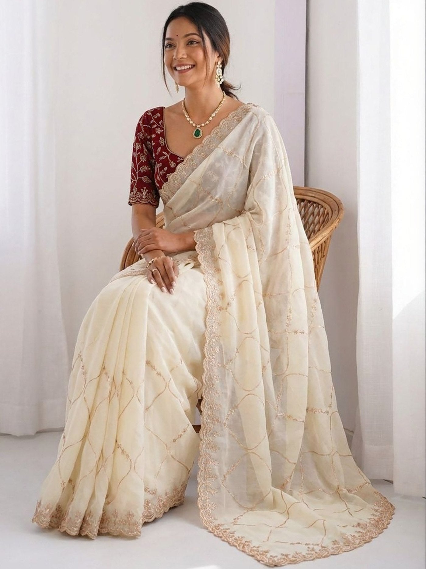 Graceful Cream Saree with Designer Blouse – Party Wear