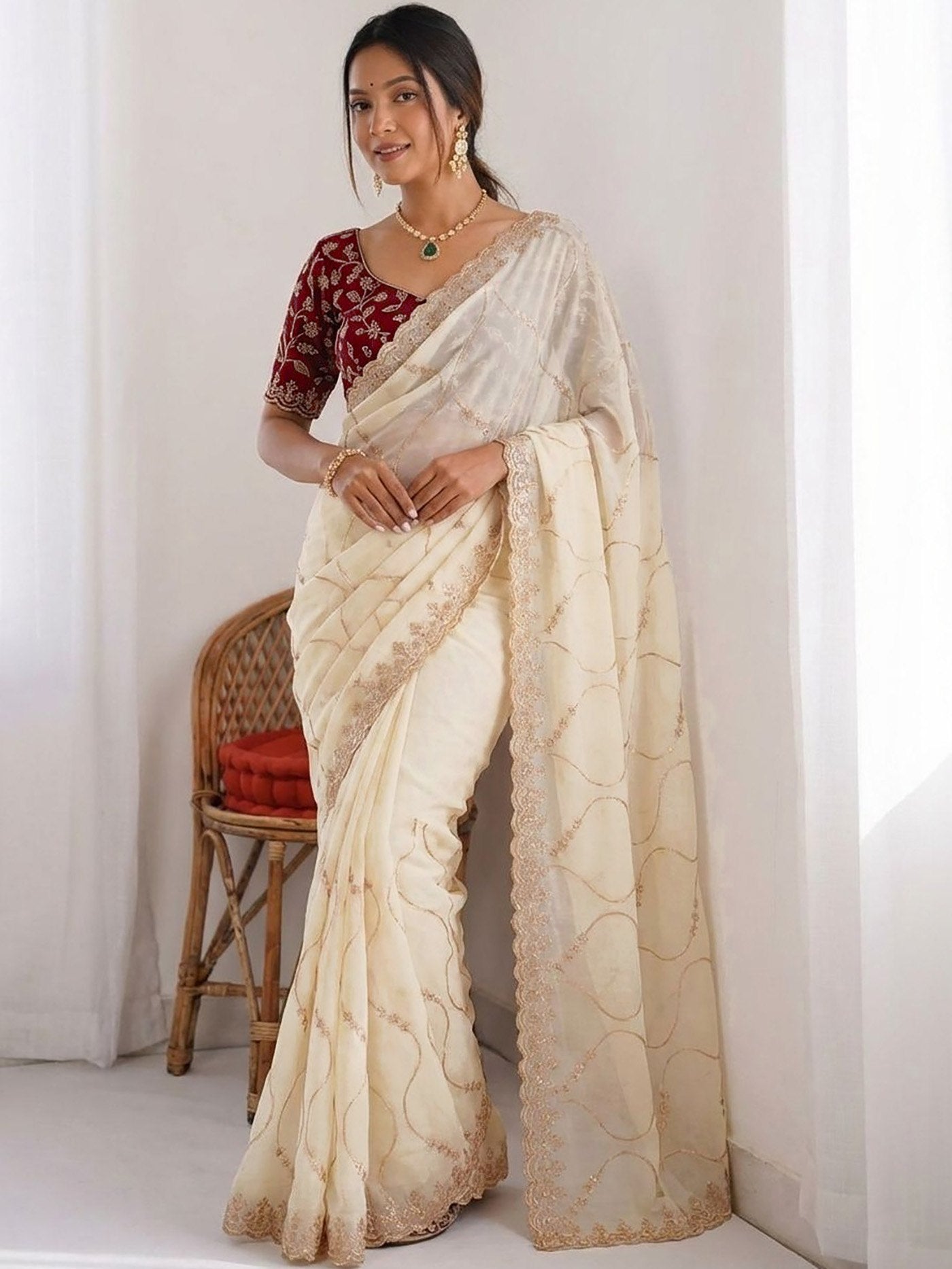 Graceful Cream Saree with Designer Blouse – Party Wear