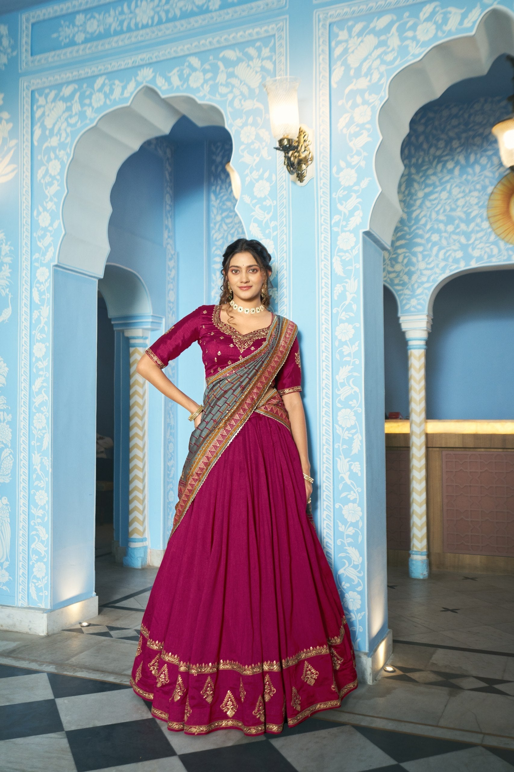 Designer Silk Lehenga Saree with Contrast Blouse – Festive Collection