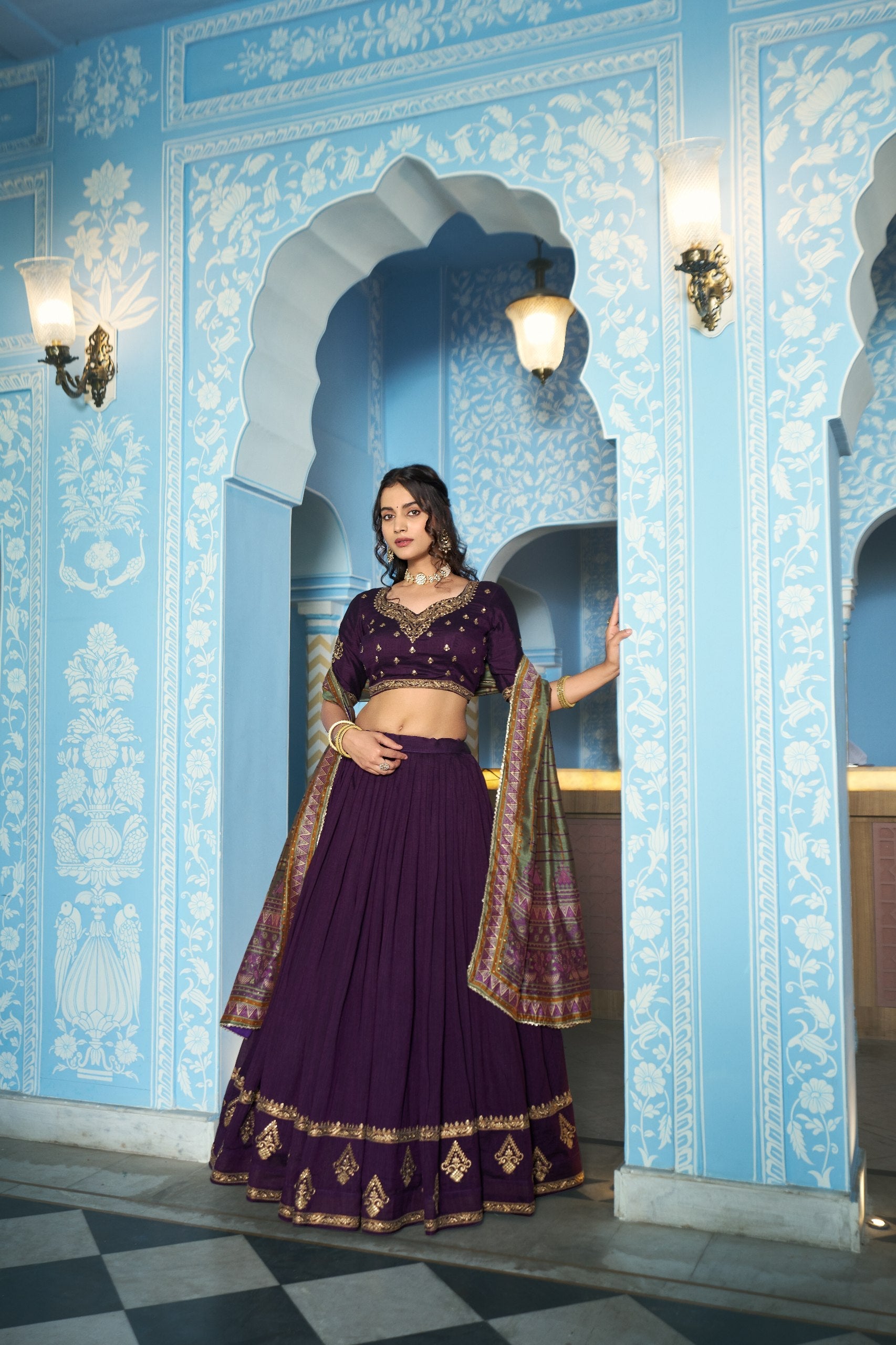 Designer Silk Lehenga Saree with Contrast Blouse – Festive Collection