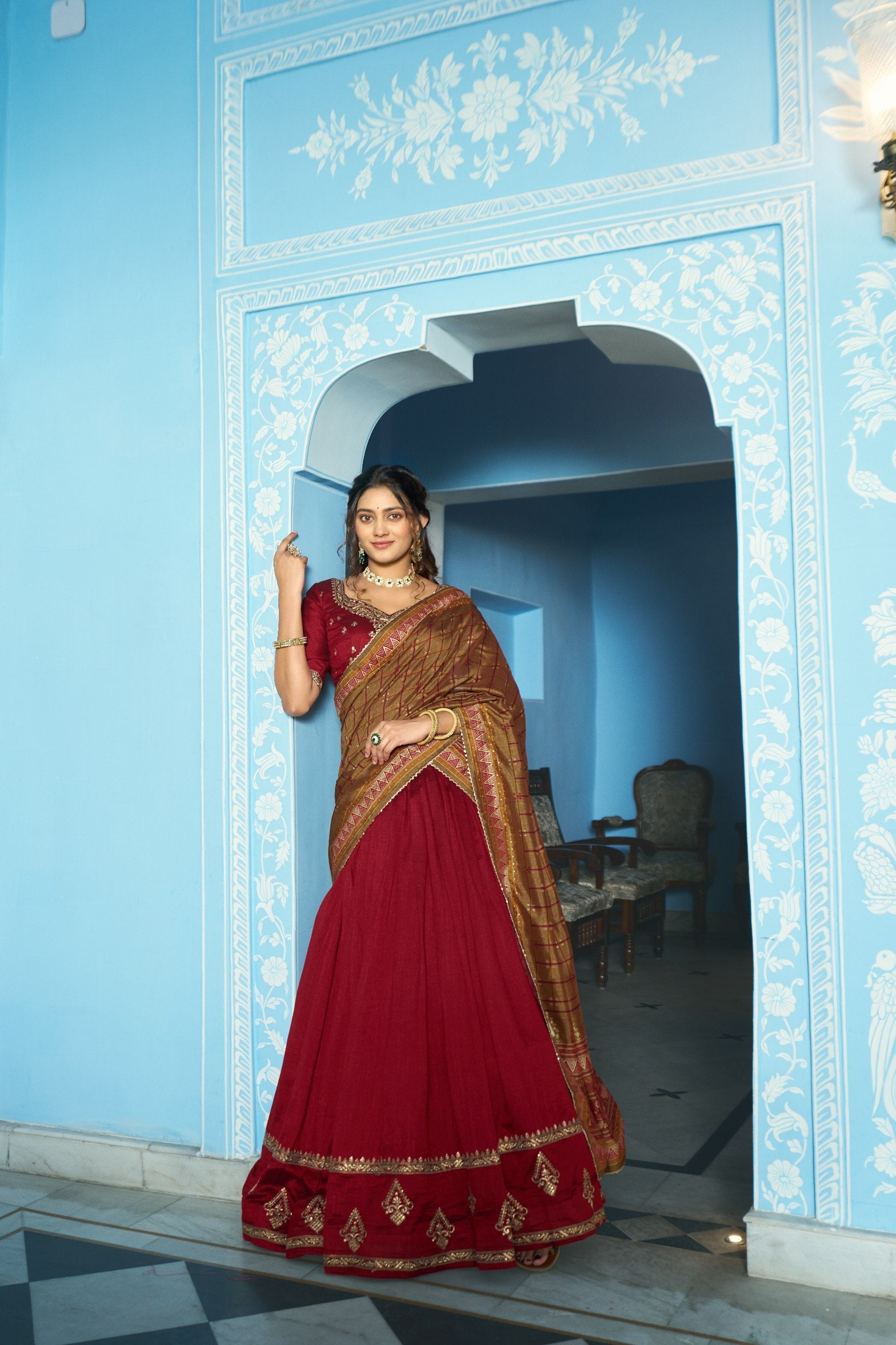 Designer Silk Lehenga Saree with Contrast Blouse – Festive Collection